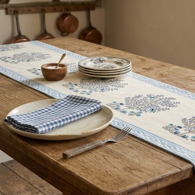 Image of BLOCKS OF INDIA Hand Block Printed Cotton Table Runner, Mat and Napkin Set for Center /Dining Table