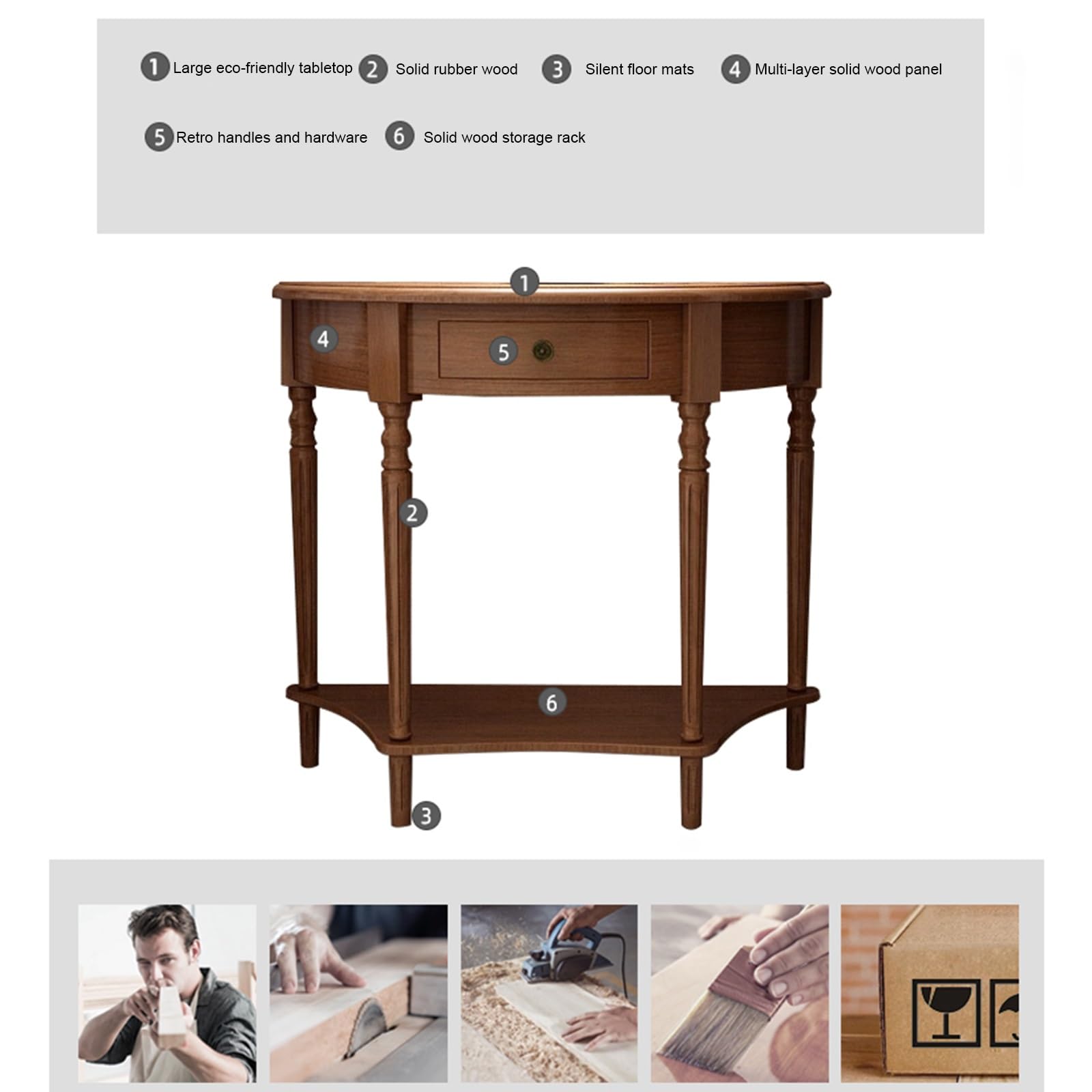 Console Demi-Lune pour entrée, en Bois Massif, avec tiroir et étagère, idéale pour Le Salon, Le Hall d'entrée, la Chambre ou Le Couloir (Noir, 90 x 35 x 80 cm)