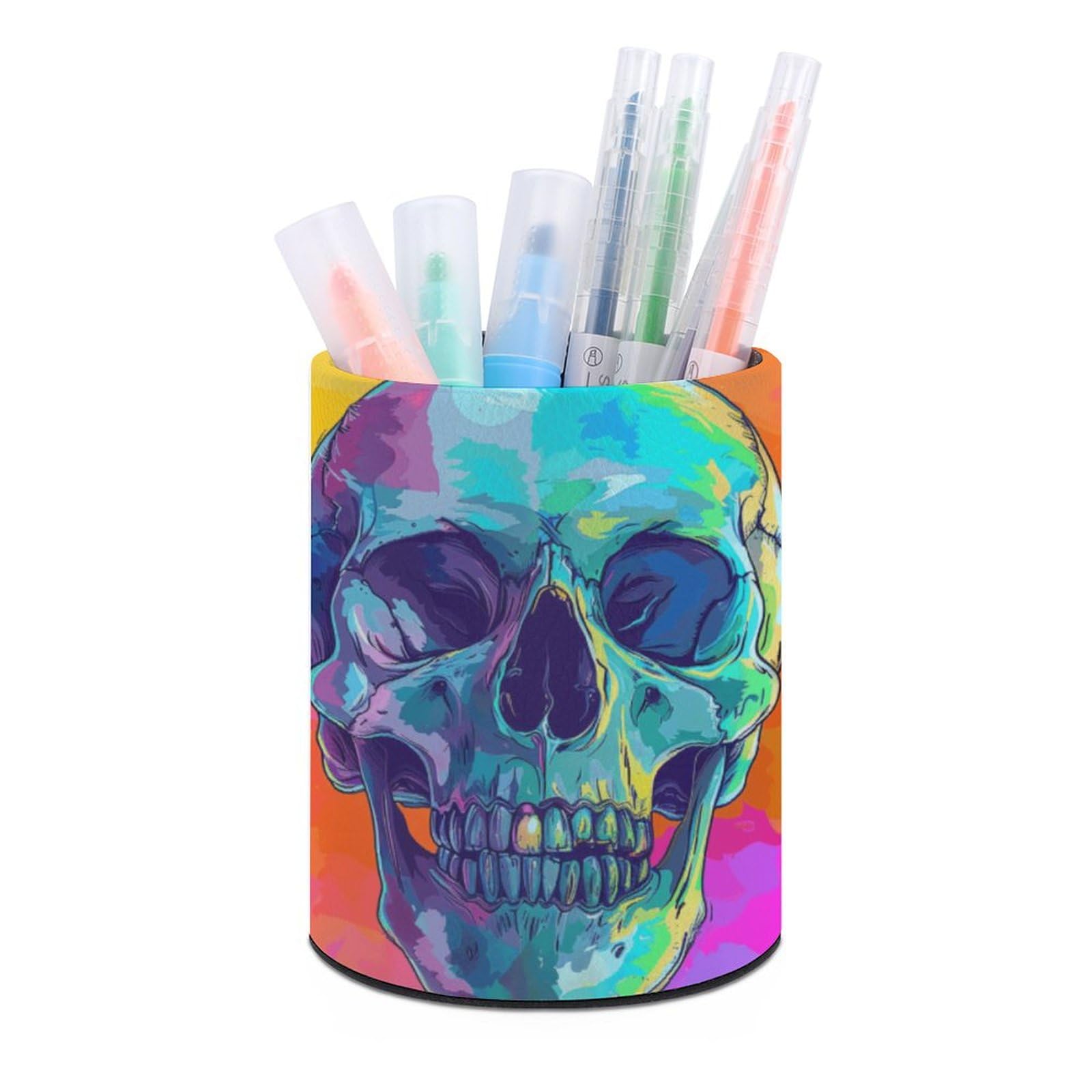 JTREHY Round Pen Holder,Cartoon Style Skull Printed Makeup Brush Storage Box for Home Office Dressing Table
