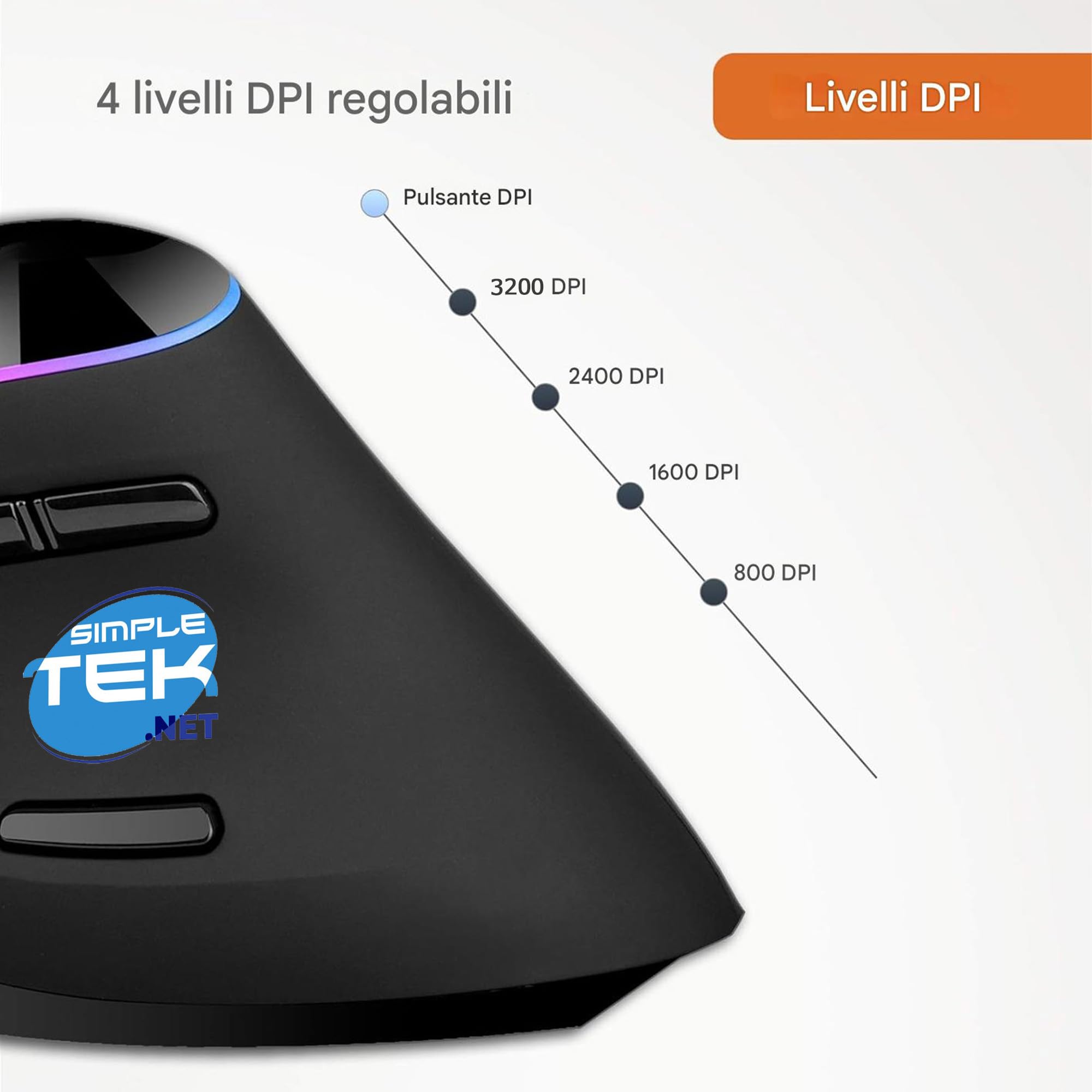 SIMPLETEK - Mouse verticale ergonomico cablato USB con filo, regolazione dpi fino a 3200, illuminazione RGB, colore nero (Ricondizionato)