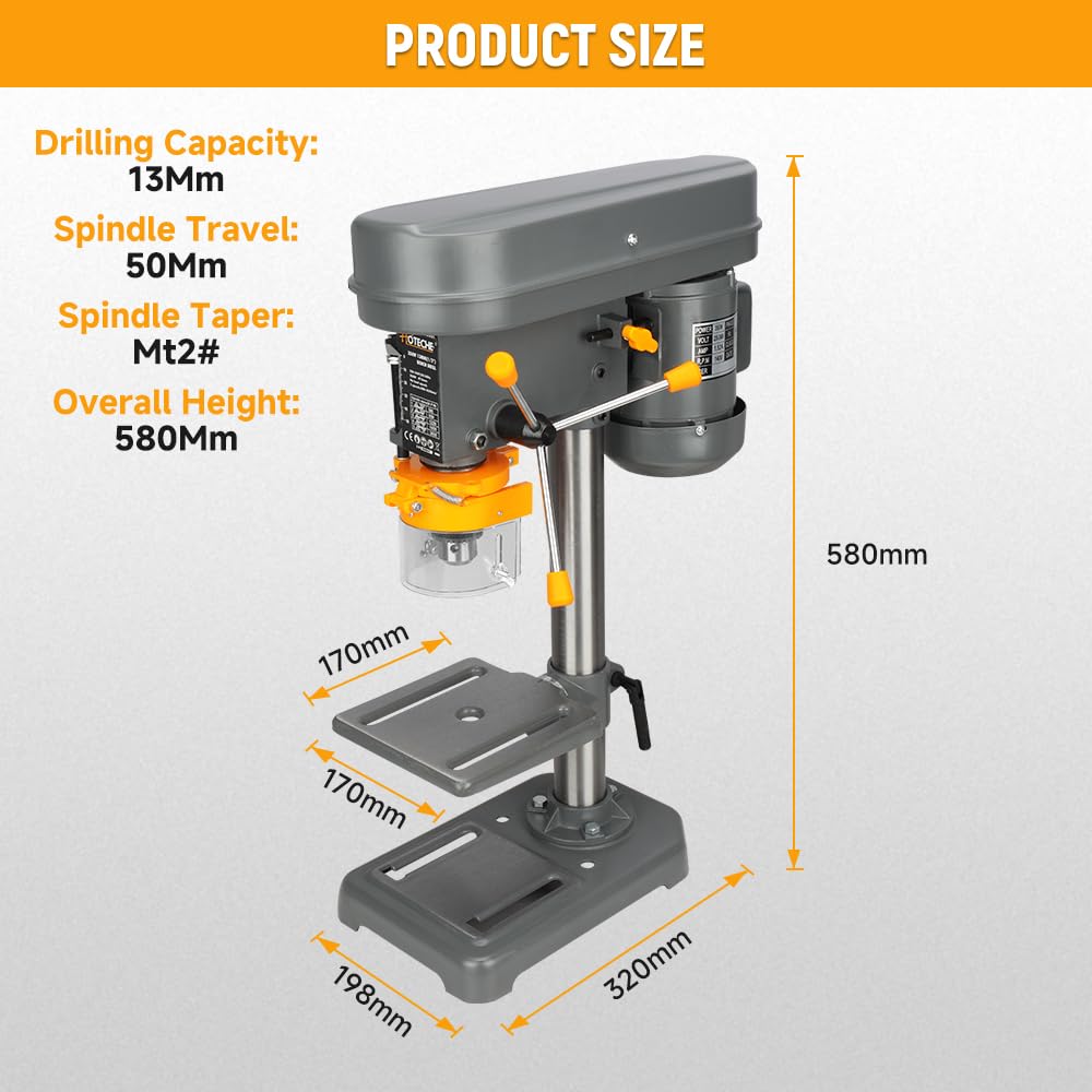 Hoteche 350W Säulenbohrmaschine 13mm | 5-stufige Drehzahl (580-2650 U/min) | MT2-Spindel | 50mm Hub | 160x160mm Arbeitsplatte | mit Schutzhaube für präzise Metall-/Holzbearbeitung