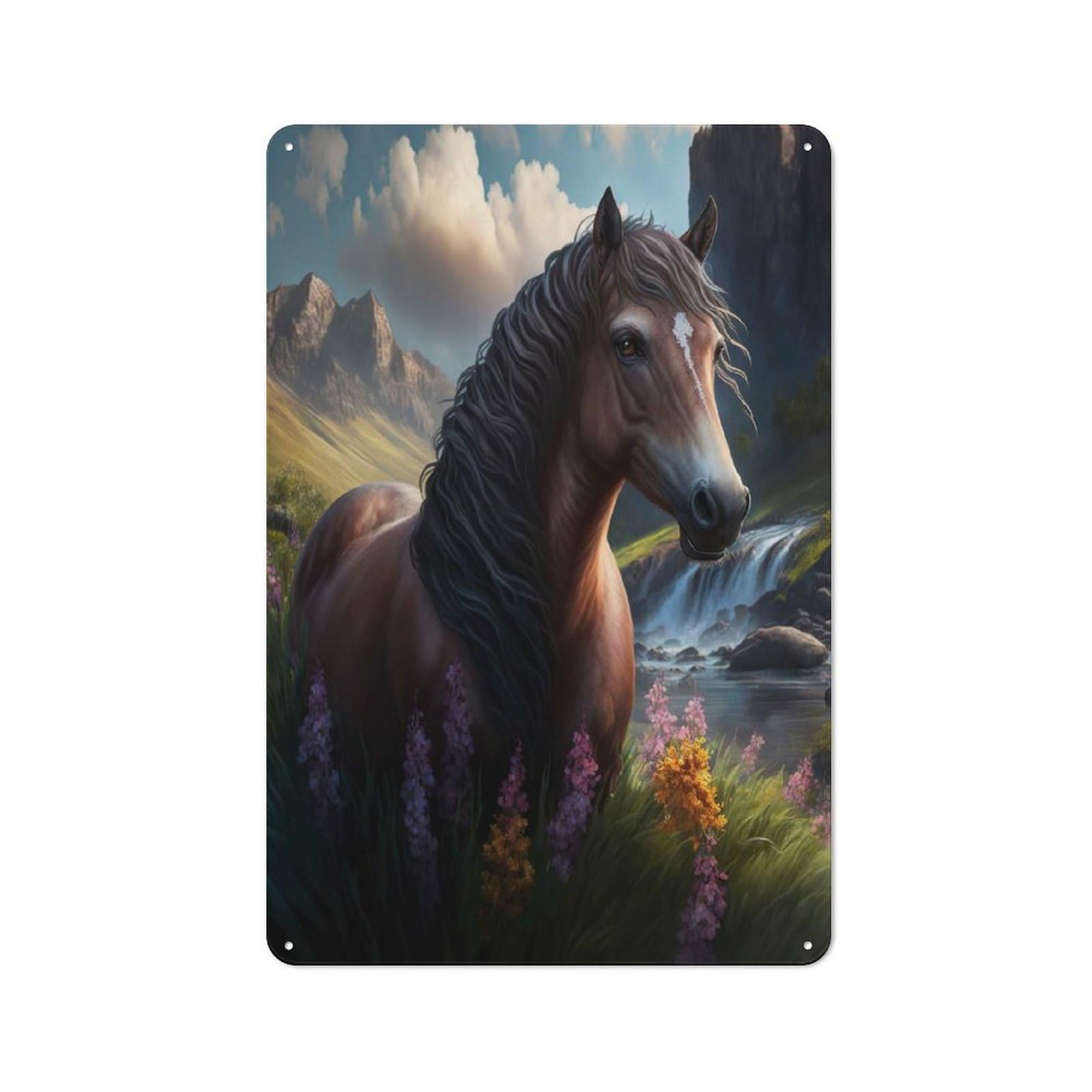 Urban Decorative Metal Plaque 30x20cm Featuring Horse In Nature, Loft Wall Plaque for Loft, Studio, Office Or Creative Room