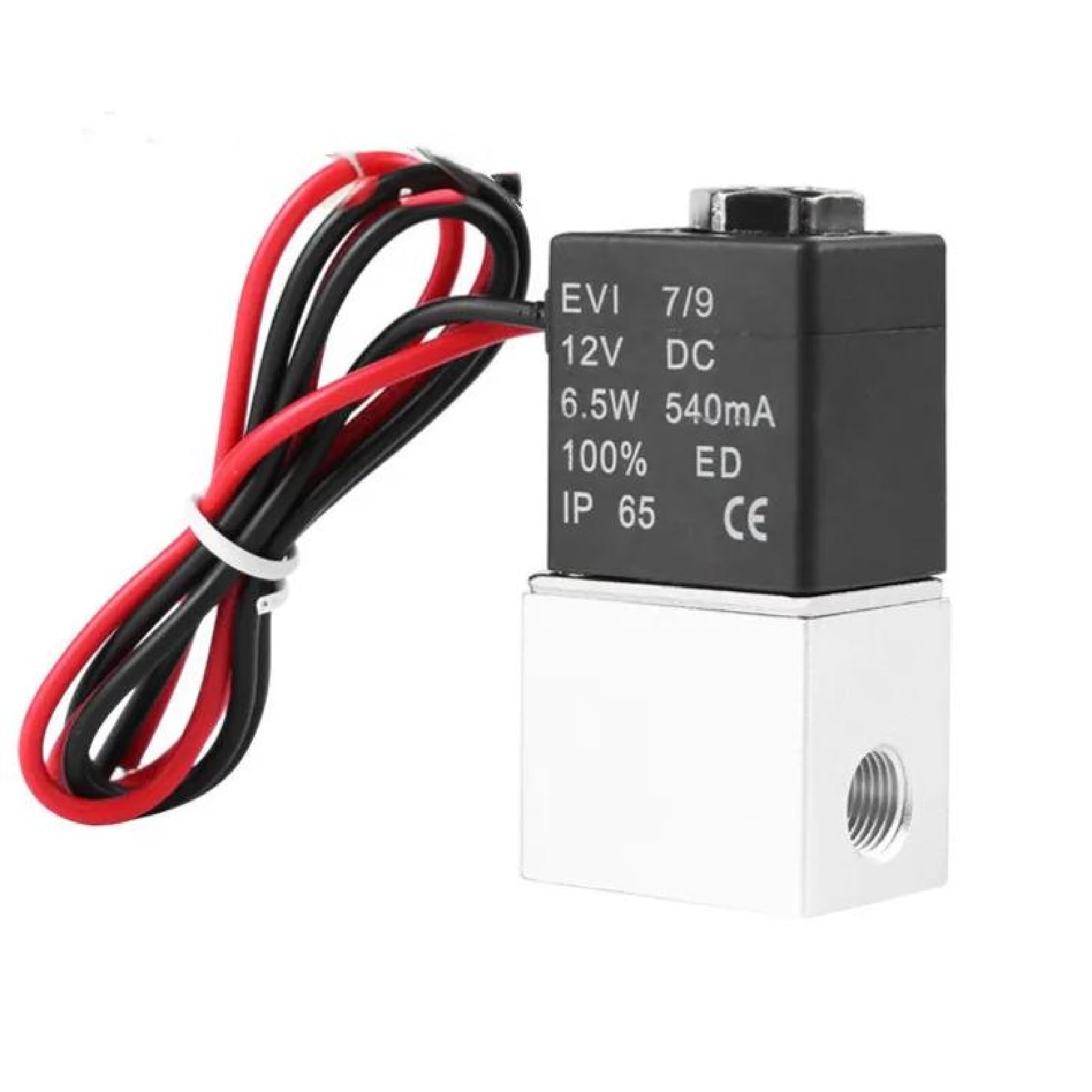 EVI 7/9 Magnetventil, 12 V Gleichstrom, direkt wirkend, 2-Wege normalerweise geschlossen, IP65 bewertet für Wasser-Luftgas, 6,5 W 540 mA, Schwarz mit roter Verkabelung (1/8 Zoll DC 24 V)