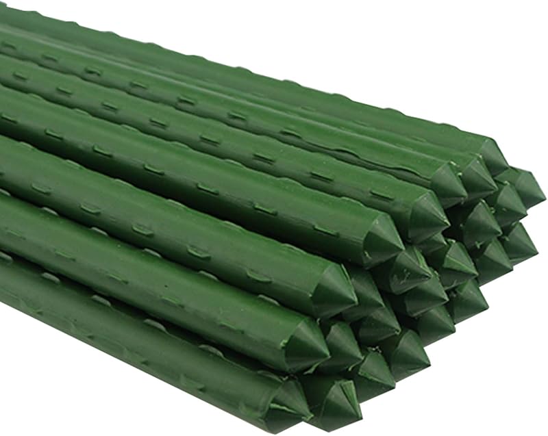 25 estacas para plantas de 48 pulgadas, palitos de tomate para plantas al aire libre | estacas de metal para jardín con revestimiento verde resistente a la intemperie, soporte para plantas de tomate, plantas trepadoras de vegetales para jardines al aire libre