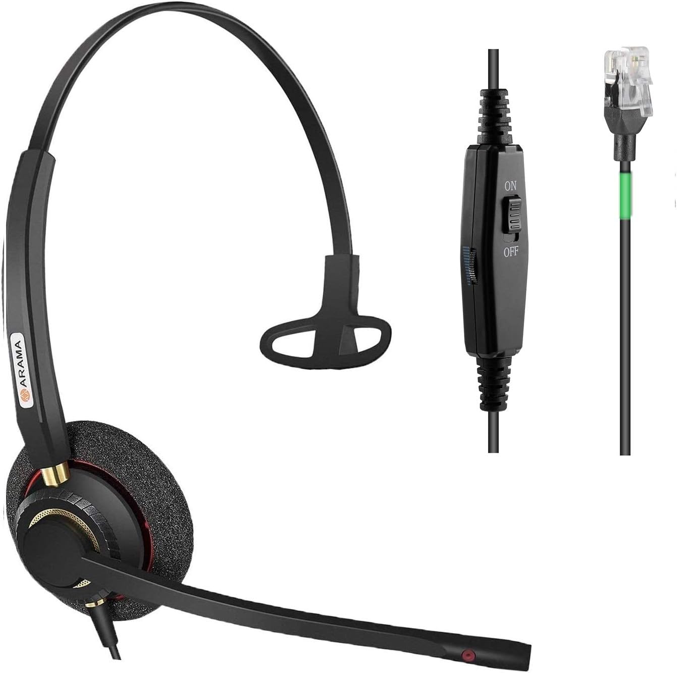 Arama A200D Corded Telephone Headset with Noise-Canceling Mic and Volume Mute Control, Phones Headset for Polycom Plantronics Aastra Lucent (A800C-Black)
