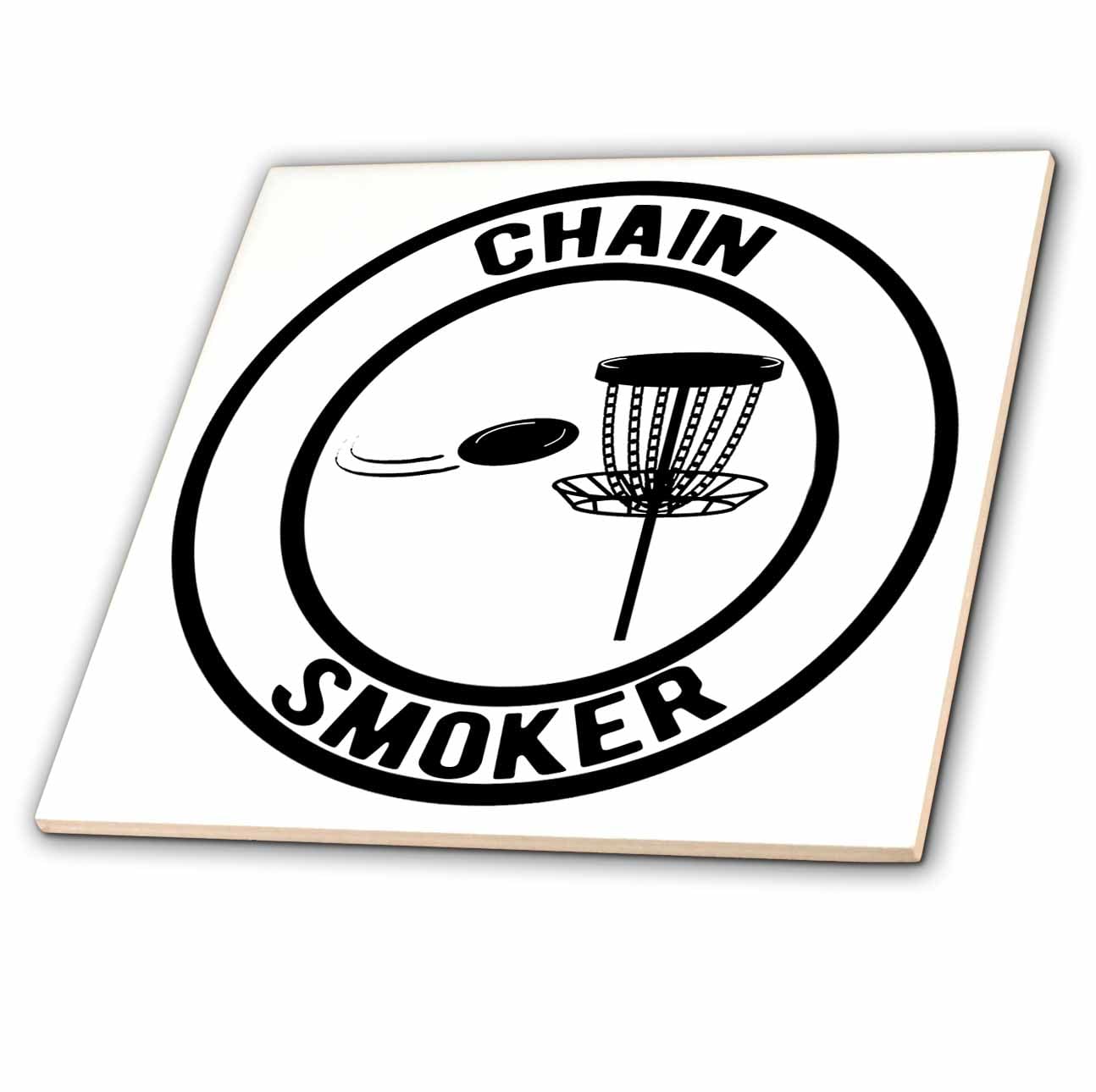 8 Inch Glass Tile - Chain Smoker in a Circle with disc Golf Basket and disc on White. Stamp City - Typography - disc Golf