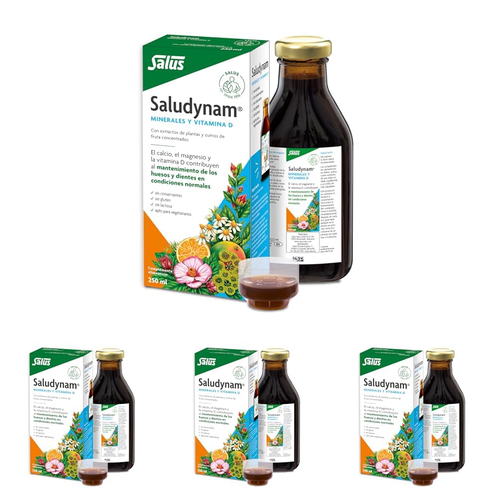 Salus - Saludynam Complemento Alimenticio - 250 ml - Contribuye al Mantenimiento de Huesos y Dientes - Contiene Calcio, Magnesio, Zinc, Vitamina D, Extractos Herbales y Zumos de Frutas (Paquete de 4)