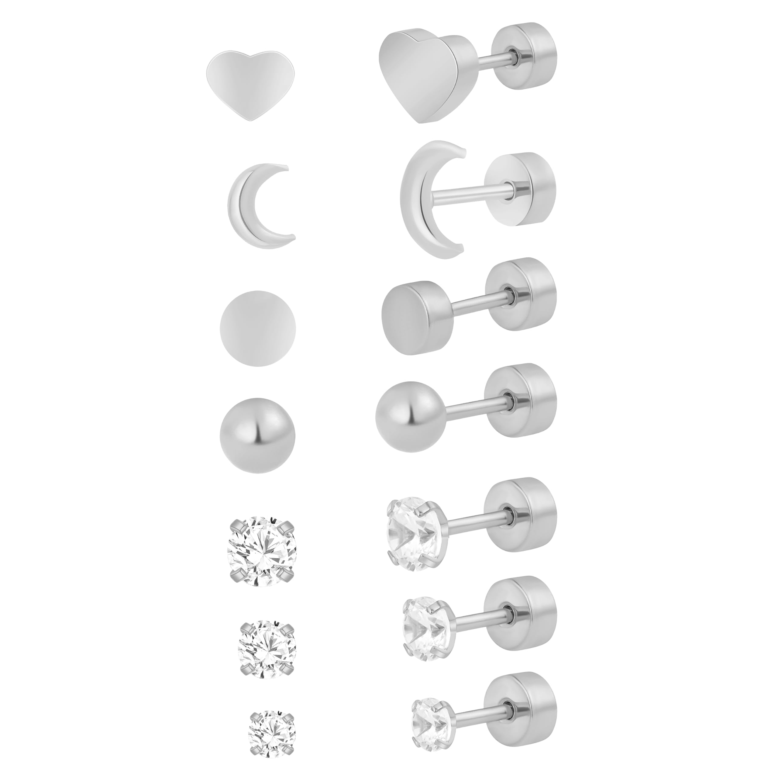 925 Sterling Silver Cartilage Helix CZ Huggie Earrings-Surgical Steel Earrings Set for Multiple Piercing Hypoallergenic,14K Gold Plated Flatback Small Hoop Stud Earrings Pack,Titanium Heart Ball Moon Dot CZ Stud Earrings for Women Men