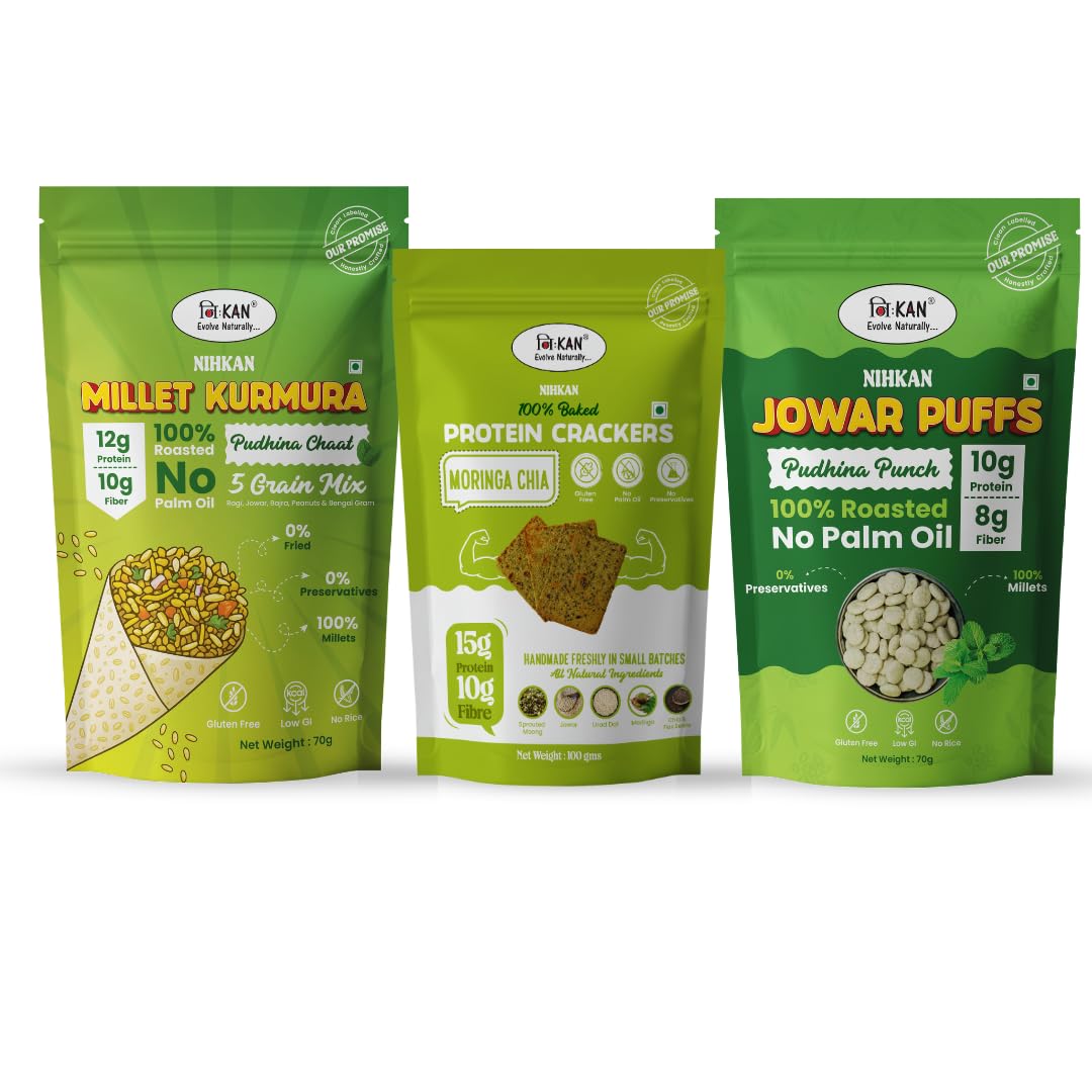 NIHKAN Millet Snacks Multi Pack of 3- Moringa Cracker, Pudhina Jowar Puff & Pudhina Millet Kurmura Mix - High Protein Roasted Snacks - Gluten Free & Clean Label-image-21