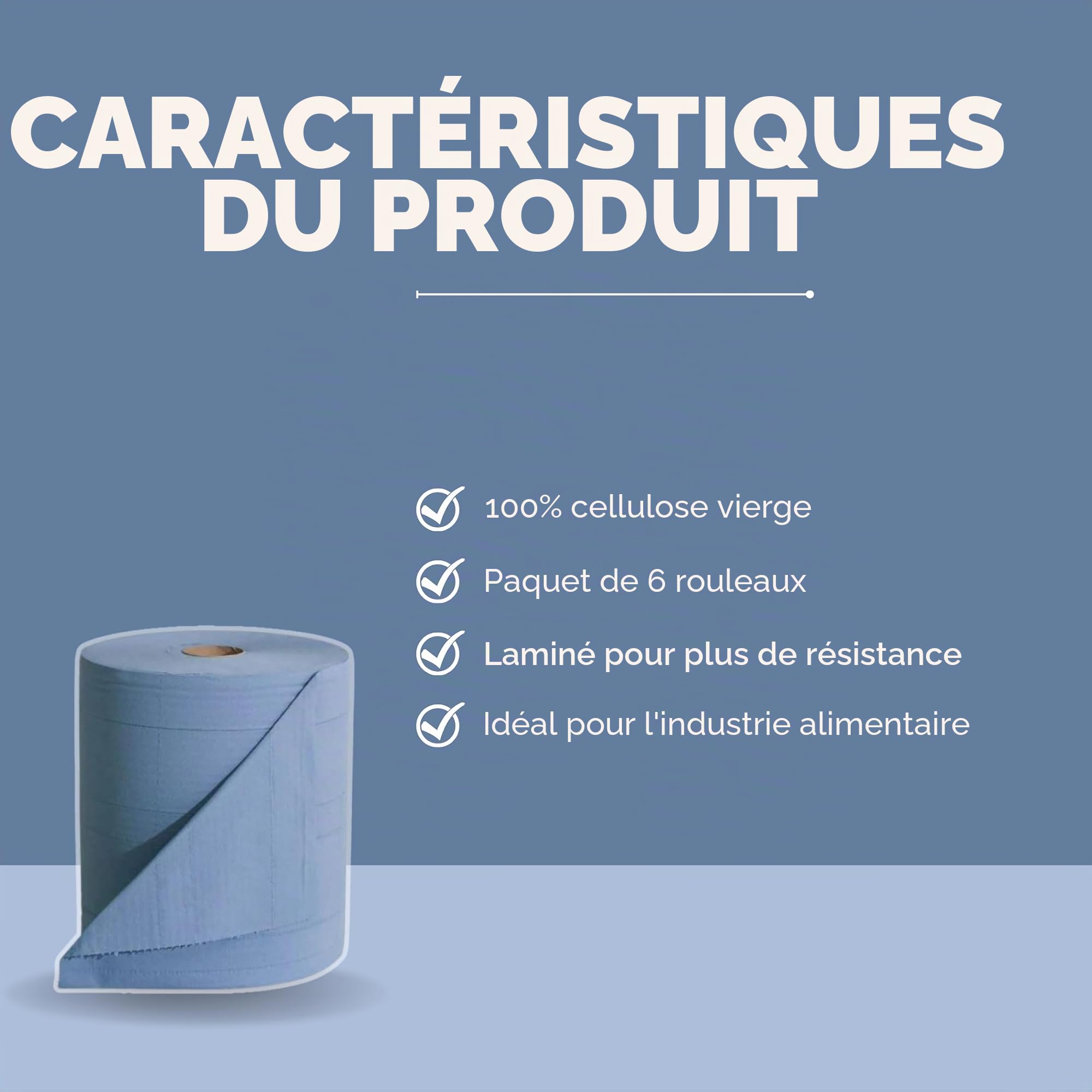 BALSAT Rouleau de papier industriel en cellulose Bleu. Lot de 6 bobines de papier 100% Pâte Vierge Bleue. Industrie alimentaire