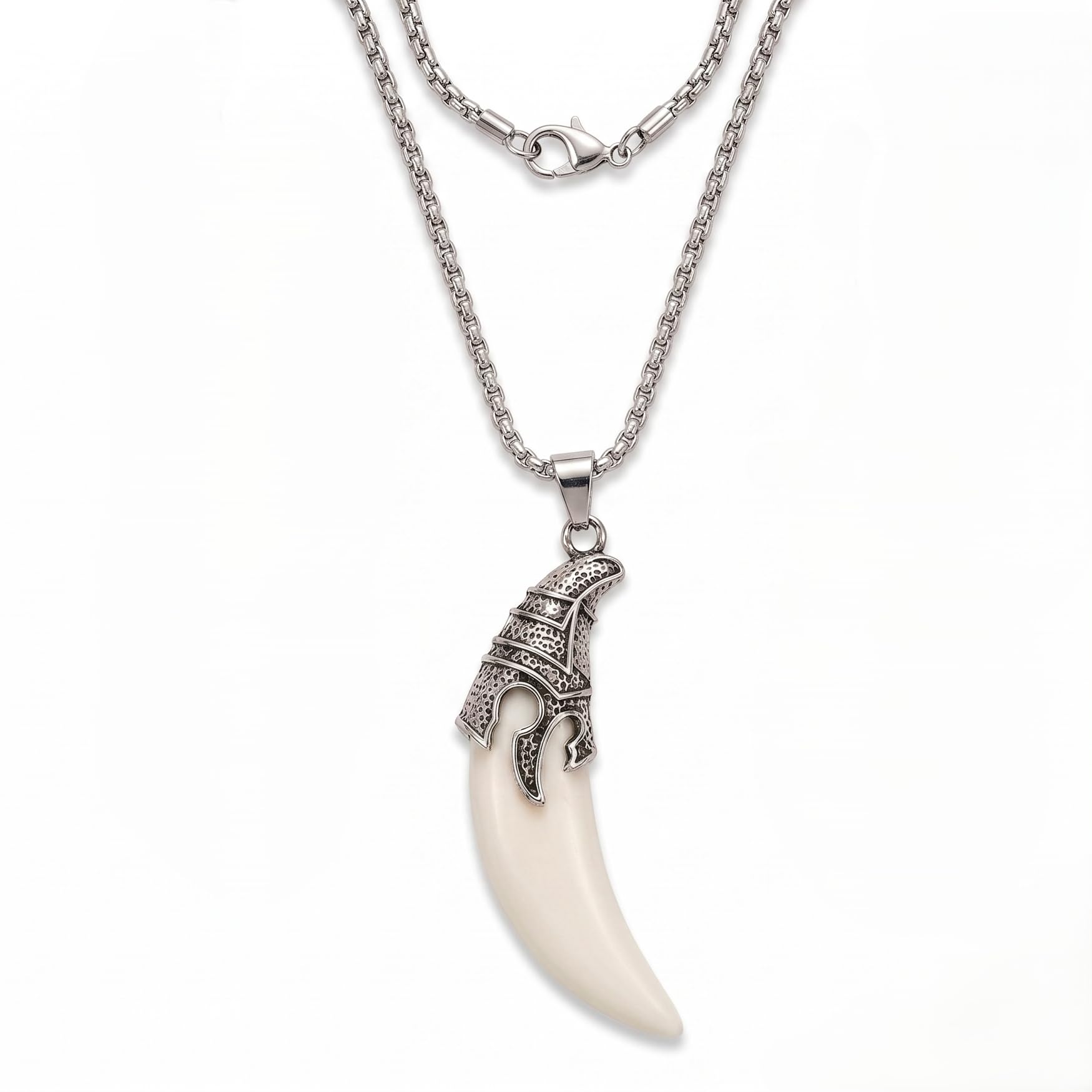 Wolf Tooth Pendant Necklace with 24 Inch Stainless Steel Chain for Men; Silver High Polish Stylish Chain for Men Boys; Premium Metal Locket for Gents; Skin Friendly Anti-Tarnish Jewelry Gift for Male.-image-18