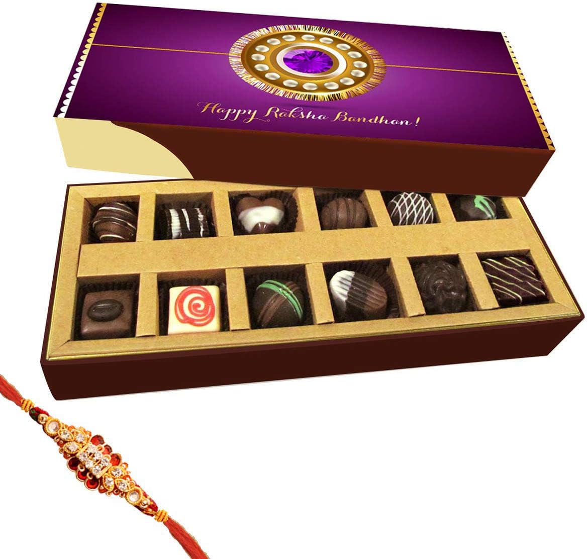 Chocholik Rakhi Gift Box - Happy Raksha Bandhan - Milk, Dark, White Chocolate Truffles - 12pc with Rakhi