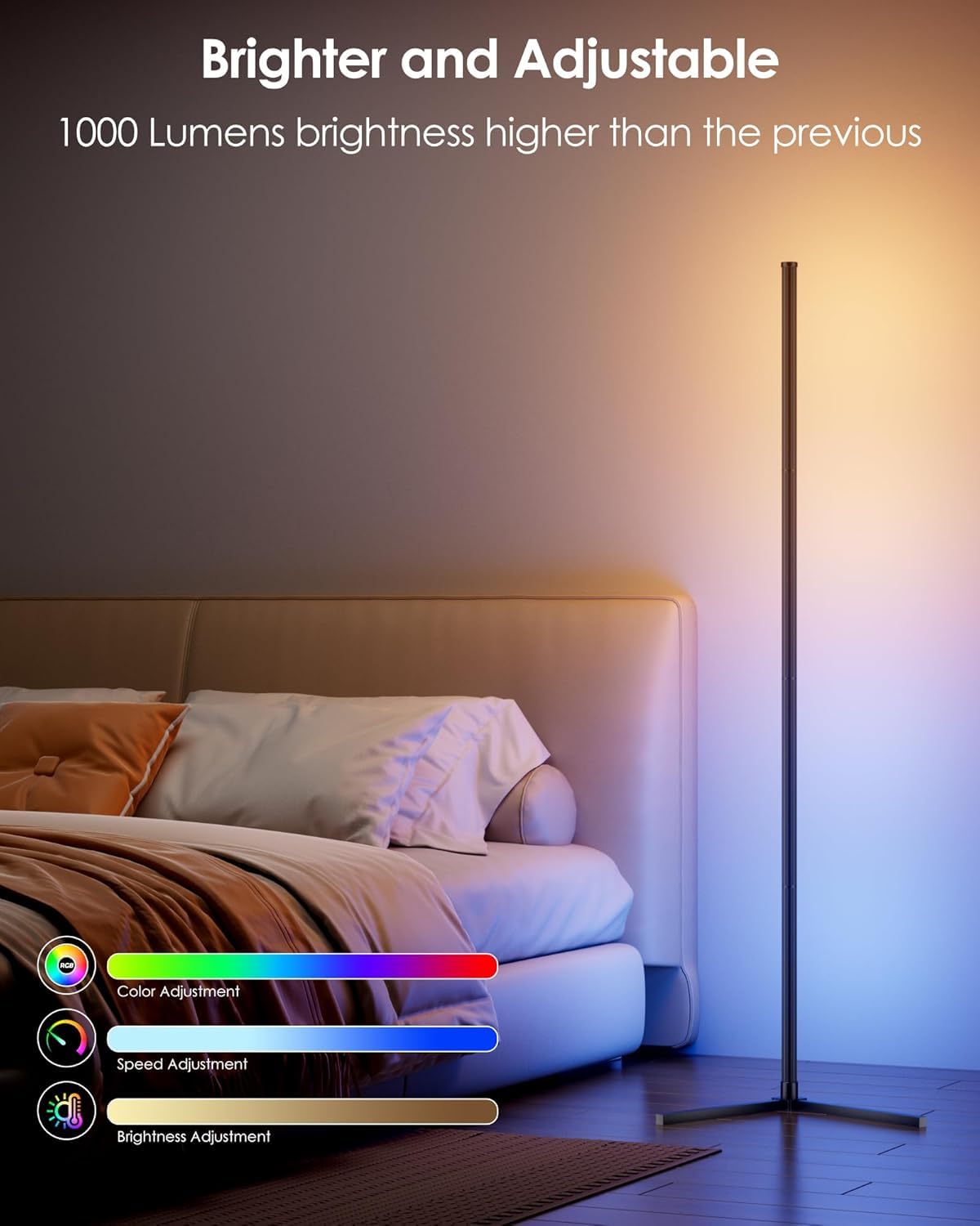 Lampadaire d'angle LED avec application et télécommande, 16 millions de couleurs à faire soi-même et plus de 68 scènes, synchronisation de la musique, lumière d'ambiance intelligente à