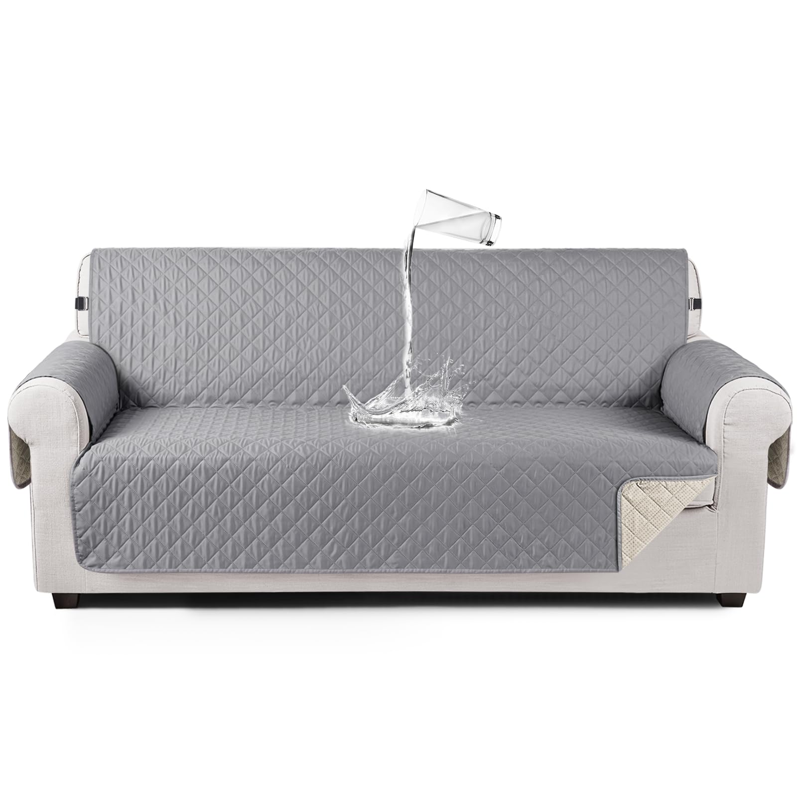 TAOCOCO Waterproof Sofa Cover with Elastic Band for Living Room, Non-Slip, Padded Couch Cover for Pets, Cats, Dogs, Children Playing (Light Grey)