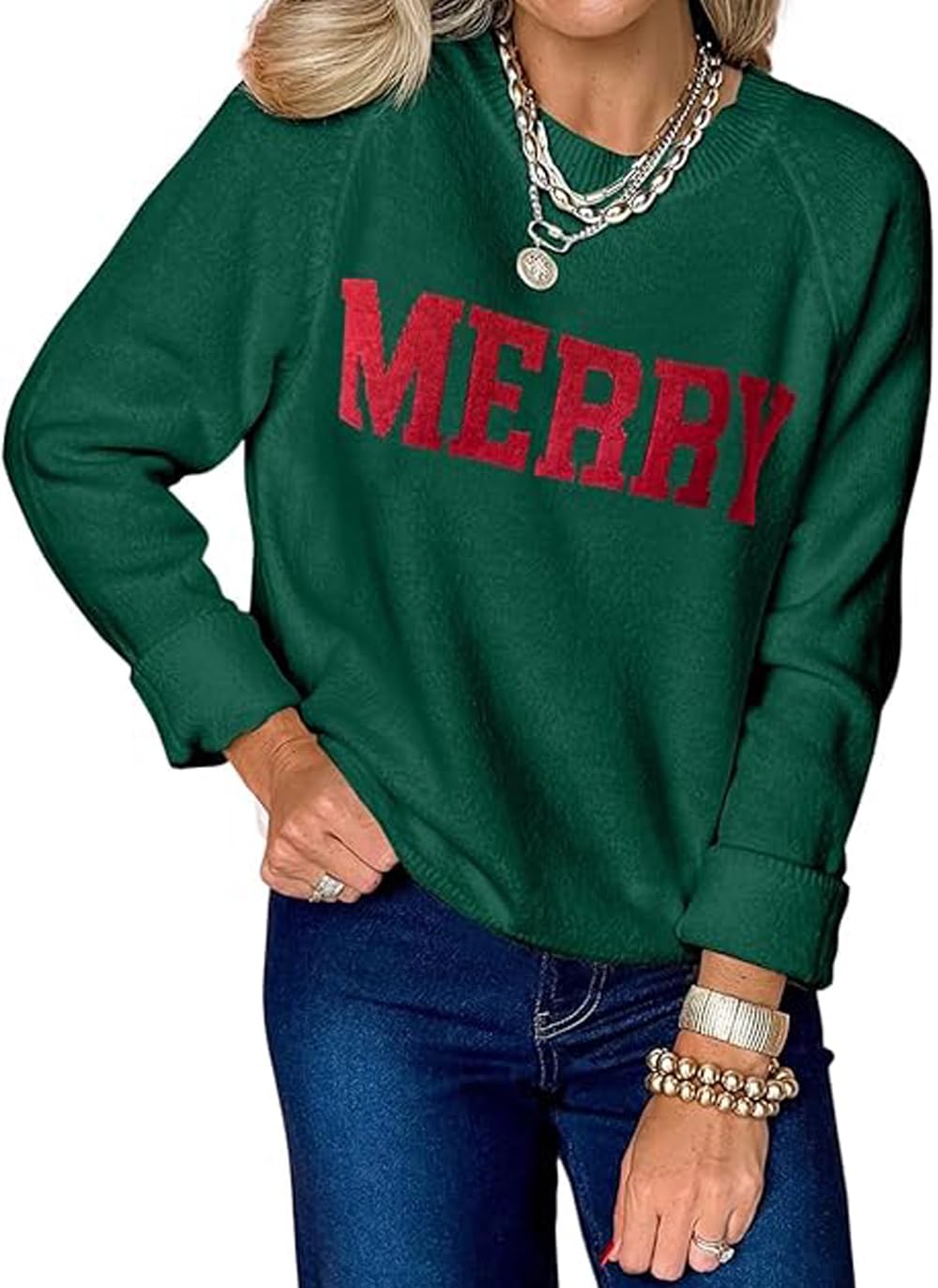 SELINK Womens Casual Merry Letter Pattern Pullover Sweater Tops Christmas Long Sleeve Round Neck Daily Sweater
