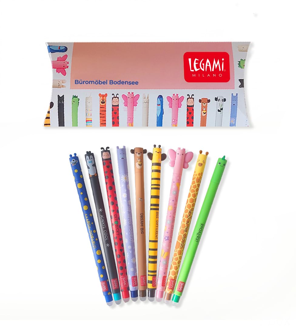 LEGAMI Gelstifte 9er Set mit exklusiver Geschenkbox – 9 lustige Motiv-Tintenroller für Kinder & Schule – Radierbare Gelschreiber  Ideal als Geburtstagsgeschenk & Einschulung