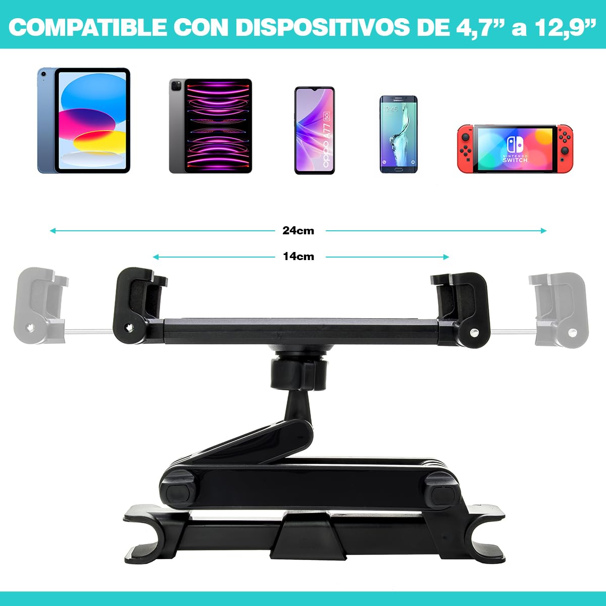Soporte Tablet Coche Reposacabezas. Soporte Tableta Coche Soporte Universal Ajustable, Soporte Compatible con iPad, iPhone, Galaxy Tab, Huawei Mediapad, Smartphones, videoconsolas, eReader.