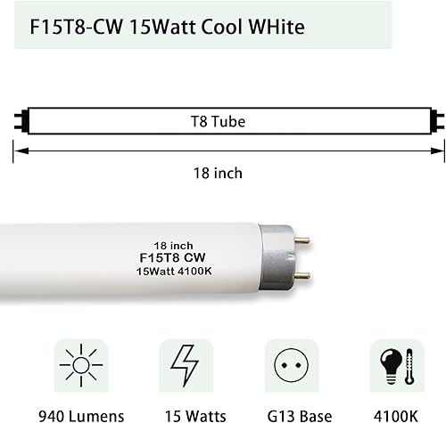 Miniatura 4 de Bombilla fluorescente F15T8CW de 18 pulgadas, tubo blanco frío T8 de 15 W, bombilla de repuesto para lámpara Philips Alto ECO GE Staco, base G13 de