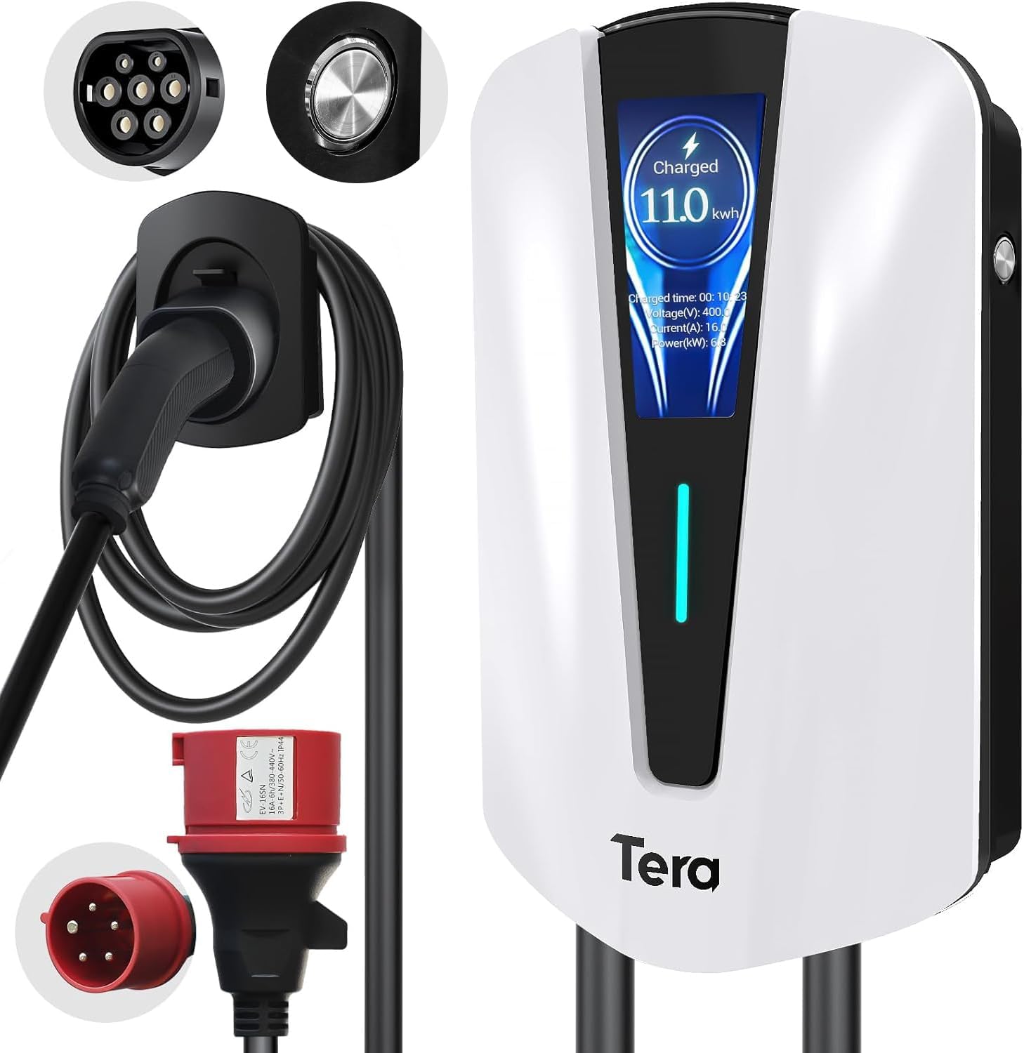 Tera EV Charger Tipo 2 11KW Estación de Carga Doméstica Wallbox para Coche Eléctrico y Portacables Cable Trifásico con Enchufe CEE 16A 400V para Vehículos Eléctricos y PHEV Q8 Blanco
