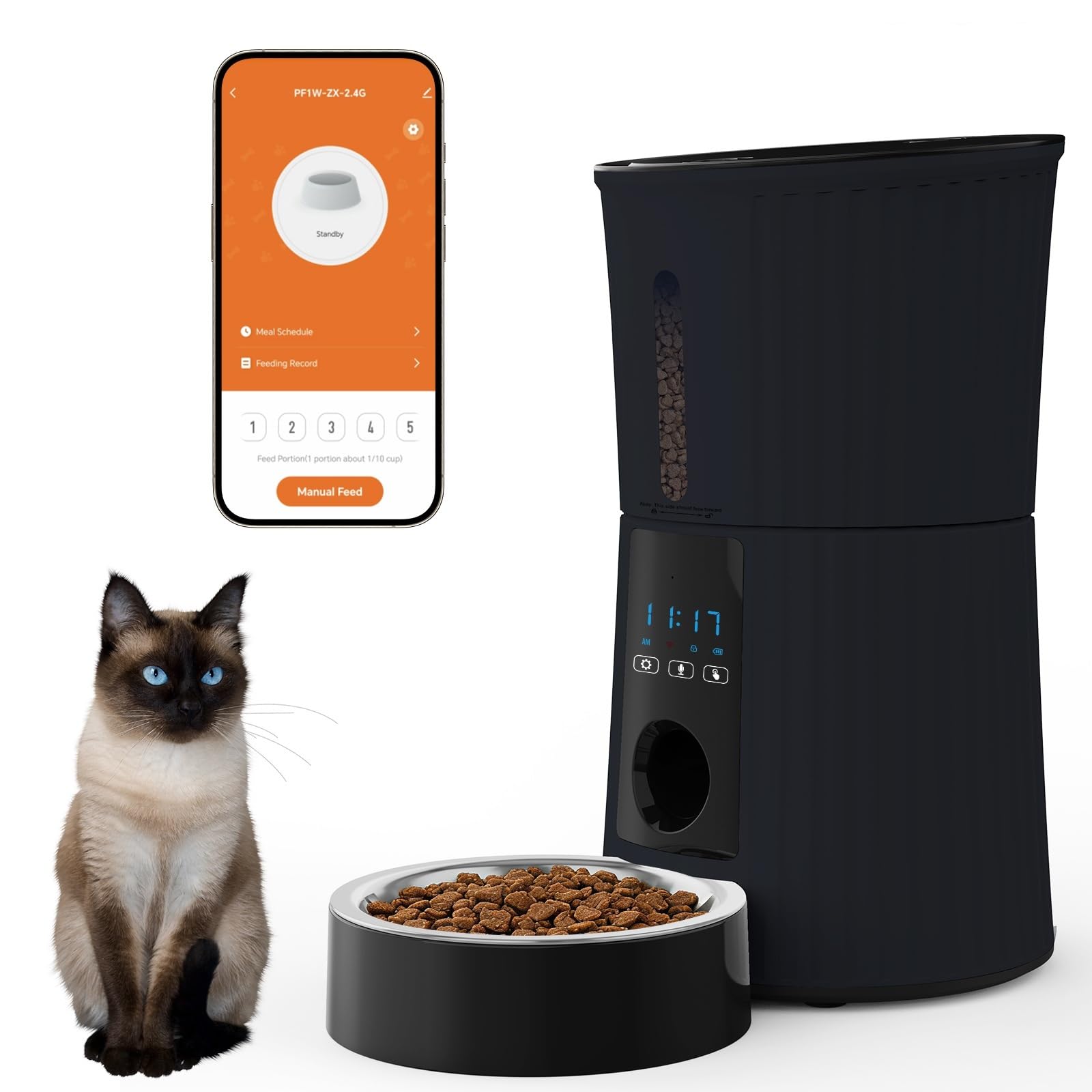 NEWBULIG Automatic Cat Feeder, 4L Timed Pet Feeders with 10s Voice Recorder, Dog Food Dispenser with APP Control, Dry Food, 10 Meals, Programmable 50 Portions, Dual Power Supply, Desiccant Bag