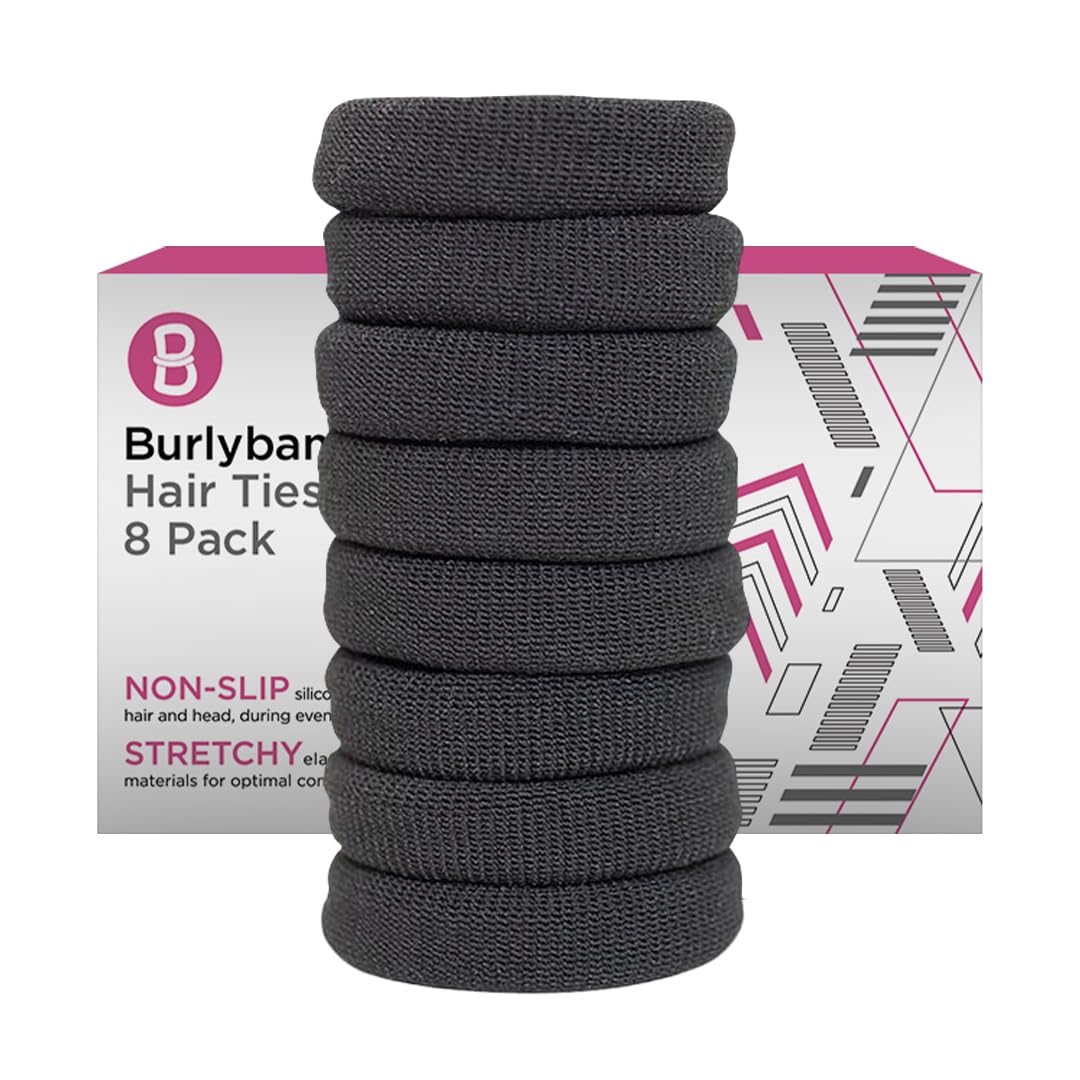 Burlybands Large Hair Ties for Thick Heavy or Curly Hair. No Slip No Damage Seamless Ponytail Holders Scrunchies Sports Thick Hair Ties. Women's Hair Elastics-Bands (Dk Gray 8 Pcs)