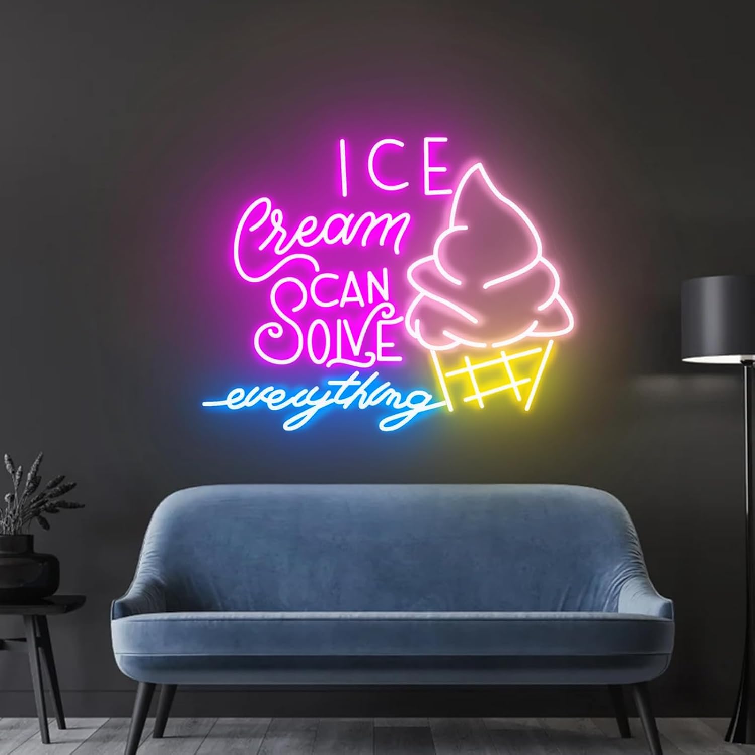 Ice Cream Solves Everything Neon Sign LED Ice Cream Bar Business Welcome Open Neon Light Signs Wall Decor for Shop, Home, Party Gift Size: 23 inches