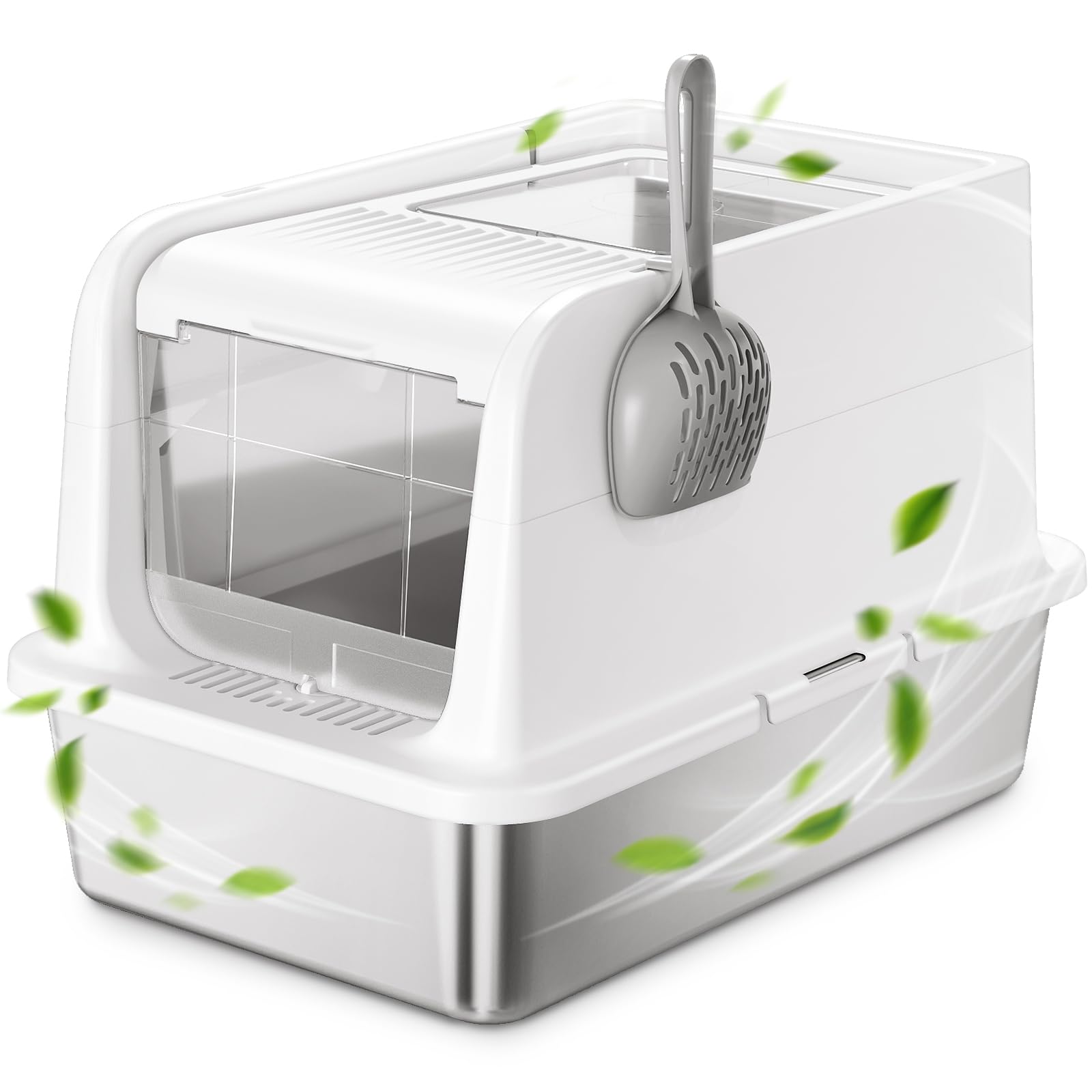 COURPAL® Stainless Steel Cat Litter Box with Lid - XL Large Enclosed/Open Litter Box with Anti Leakage Enclosure - Odor Free Hooded Litter Tray - Metal Covered Litter Pan Non-Stick Easy to Clean