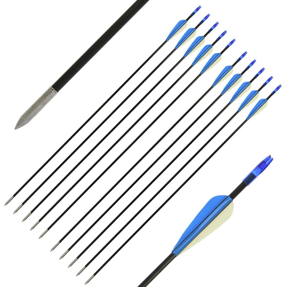 Fibreglass Arrows for Archery 26", 28", 30" Durable Target Practice Arrows with Steel Tips, Precision Fletchings 3 Vanes Compatible with Recurve, Longbow, Compound 10, 25, 50, 100 Option (100, 28")