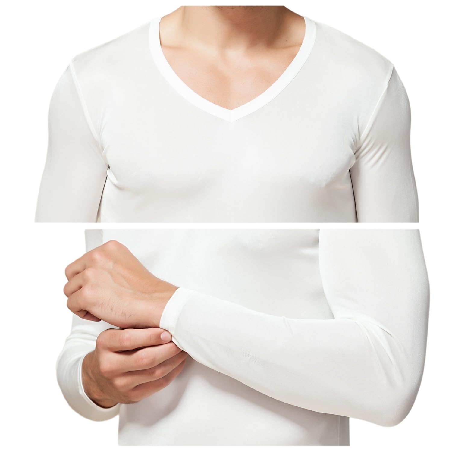 Chemise à manches longues en soie pour homme - Sous-vêtement thermique - Col en V - Couche de base en soie de mûrier