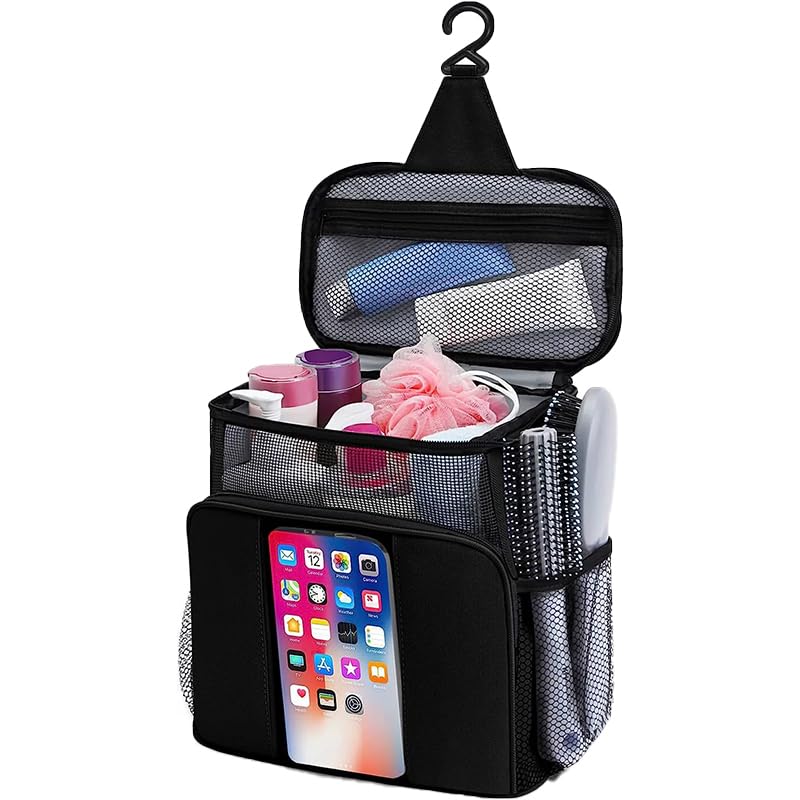 TUANMER Hanging Shower Caddy Tote 10x10 inches Mesh Pockets Phone Storage Quick Dry Fabric Water Resistant Black