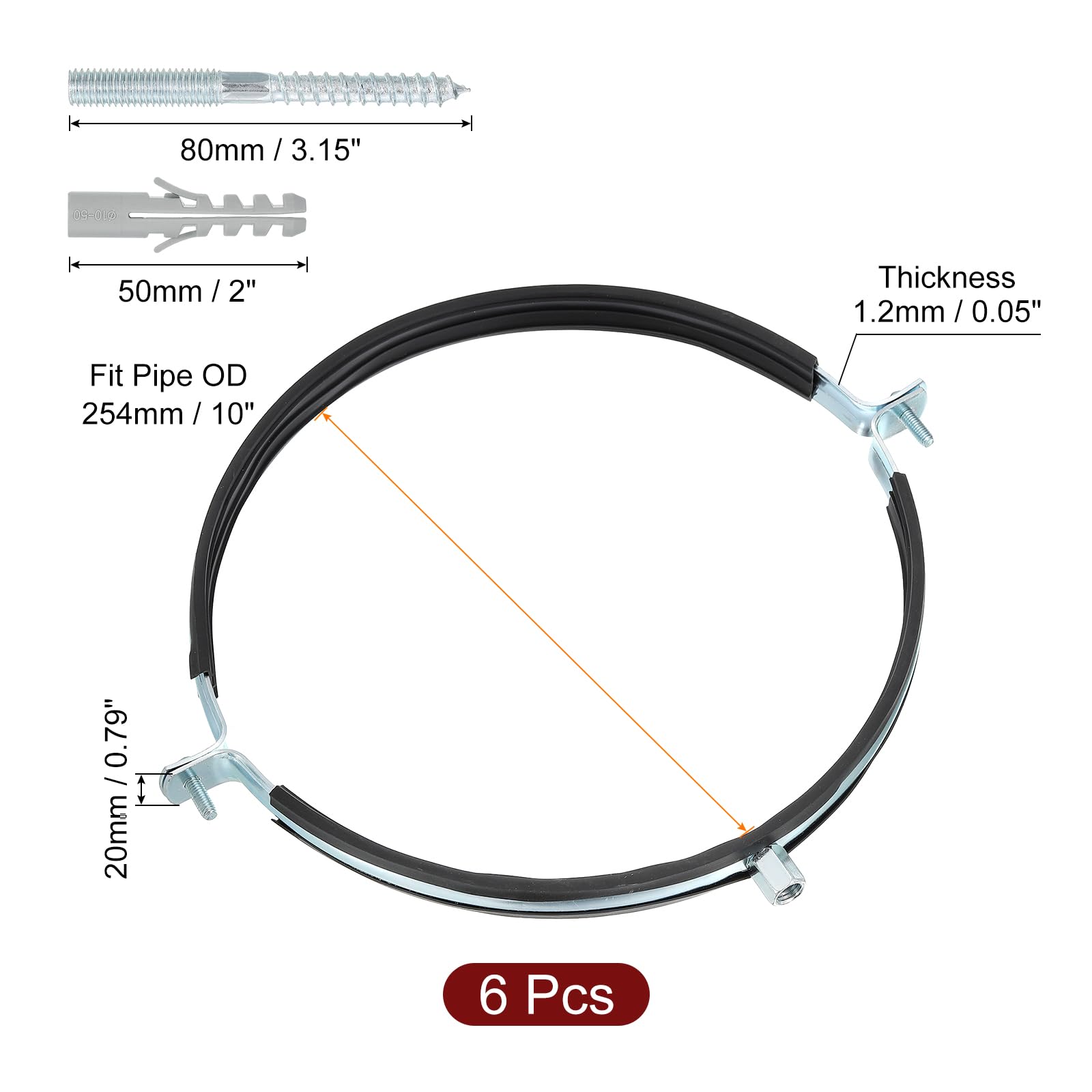 QUARKZMAN 6 Pcs Abrazadera Ajustable Para Tubos, Soporte De Anillo Partido De 10"(254mm) Para Montaje En Pared O Techo, Banda De Hierro Galvanizado Para Tubos Con Tornillo Y Tacos De Anclaje