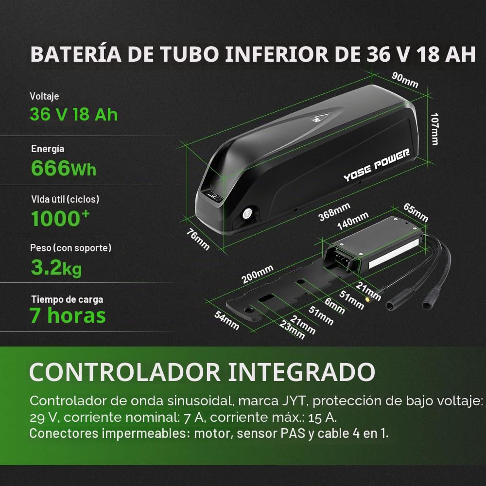 Yose Power, Kit de conversión de bicicleta eléctrica para ruedas traseras de 28 pulgadas 36 V/250 W motor trasero con controlador Hailong integrado 36 V 18 Ah batería