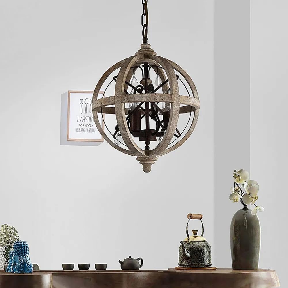 Homary Retro Rustikaler Kronleuchter mit 3 Leuchten, verstellbare industrielle Deckenleuchte mit verwittertem Holz, Metallkugel und Kristallakzenten für Kücheninsel, Esszimmer & Schlafzimmer