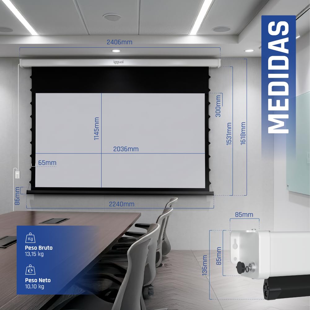 iggual Pantalla Proyección 92" Pulgadas Eléctrica Enrollable Tensionada -Panorámica 16:9 -Control de Pared y Mando Remoto Infrarrojo -Compatible hasta 8k y Cualquier Proyector(203x114 cm)