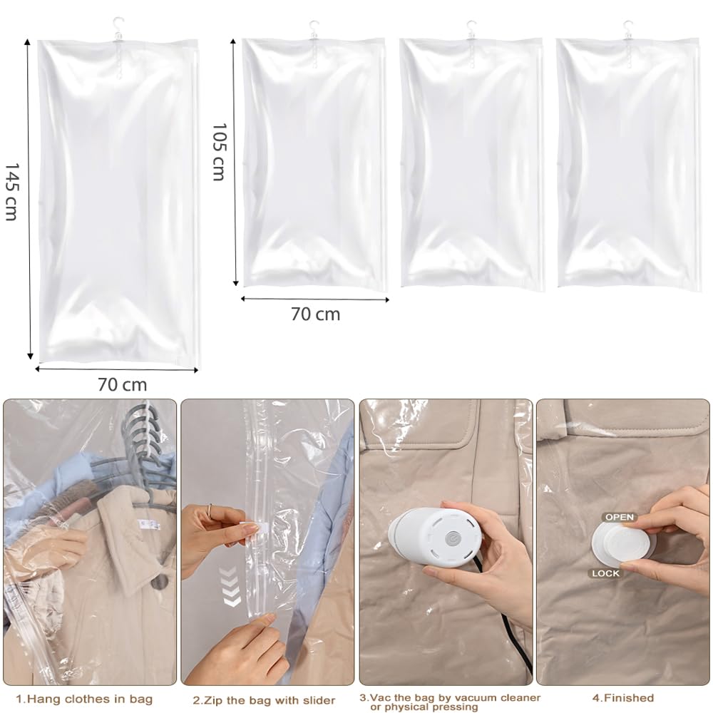 GQC - Sacchetti sottovuoto vestiti da appendere, 4 pezzi, Vacuum storage bags salvaspazio per vestiti, organizer per armadio, Sacchetti vestitii trasparente e riutilizzabile