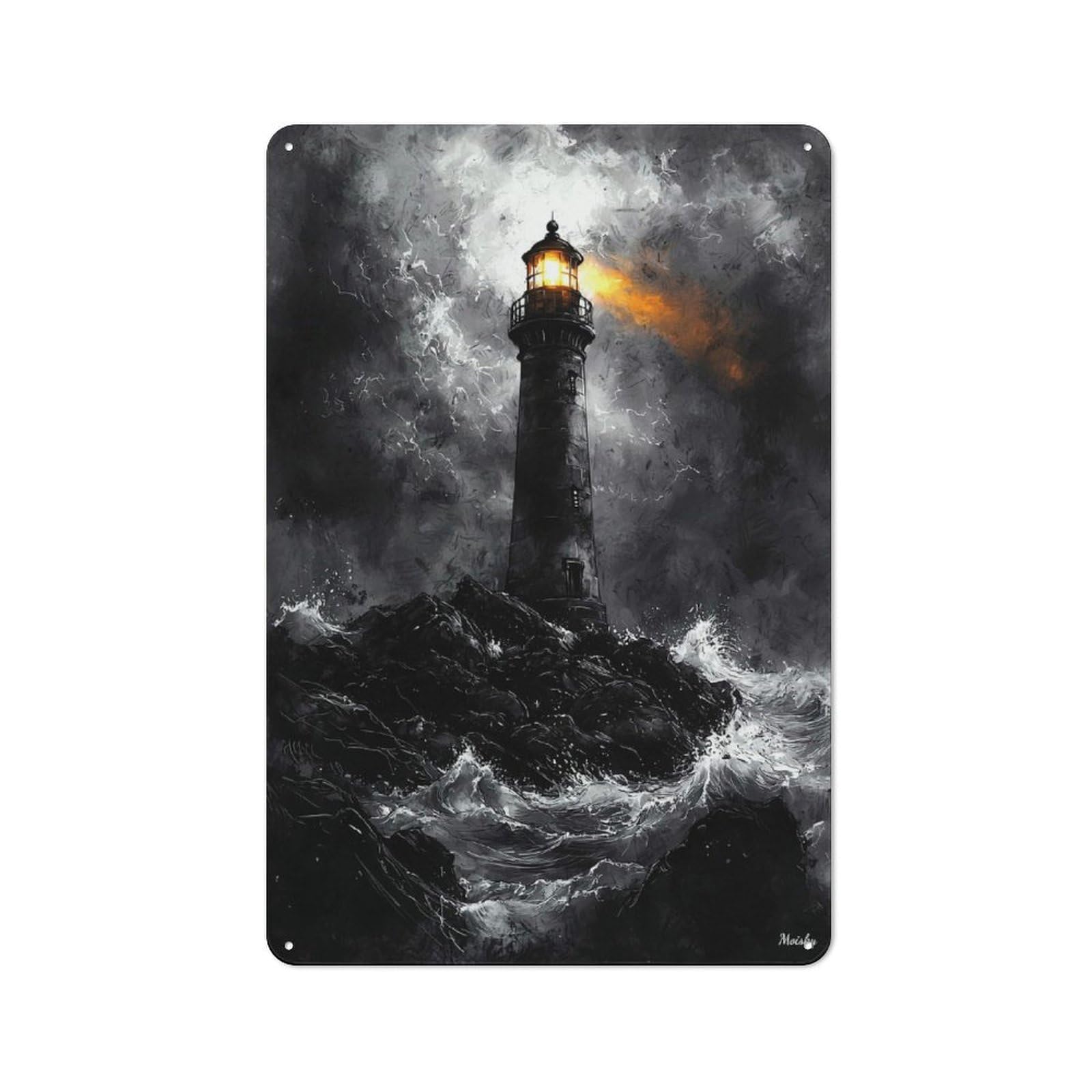 Junmoney Stormy Lighthouse In Dramatic Monochrome Styl E Rustic Metal Sign 30X20cm For Hobby Room Or Studio, For Kitchen, Dining Room And Home Bar Wall Decor