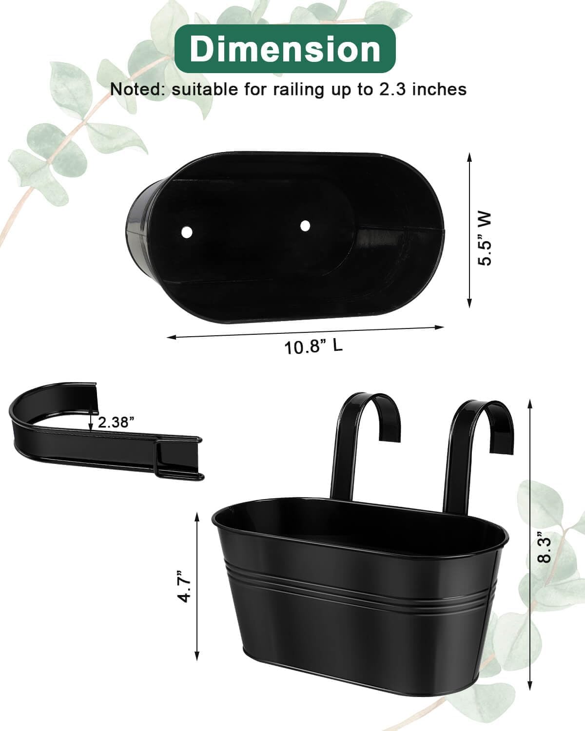 vensovo Maceta de metal para plantas al aire libre, paquete de 5 macetas colgantes para balcón con ganchos desmontables y agujeros de drenaje, ovaladas, para decoración del hogar y jardín, color negro