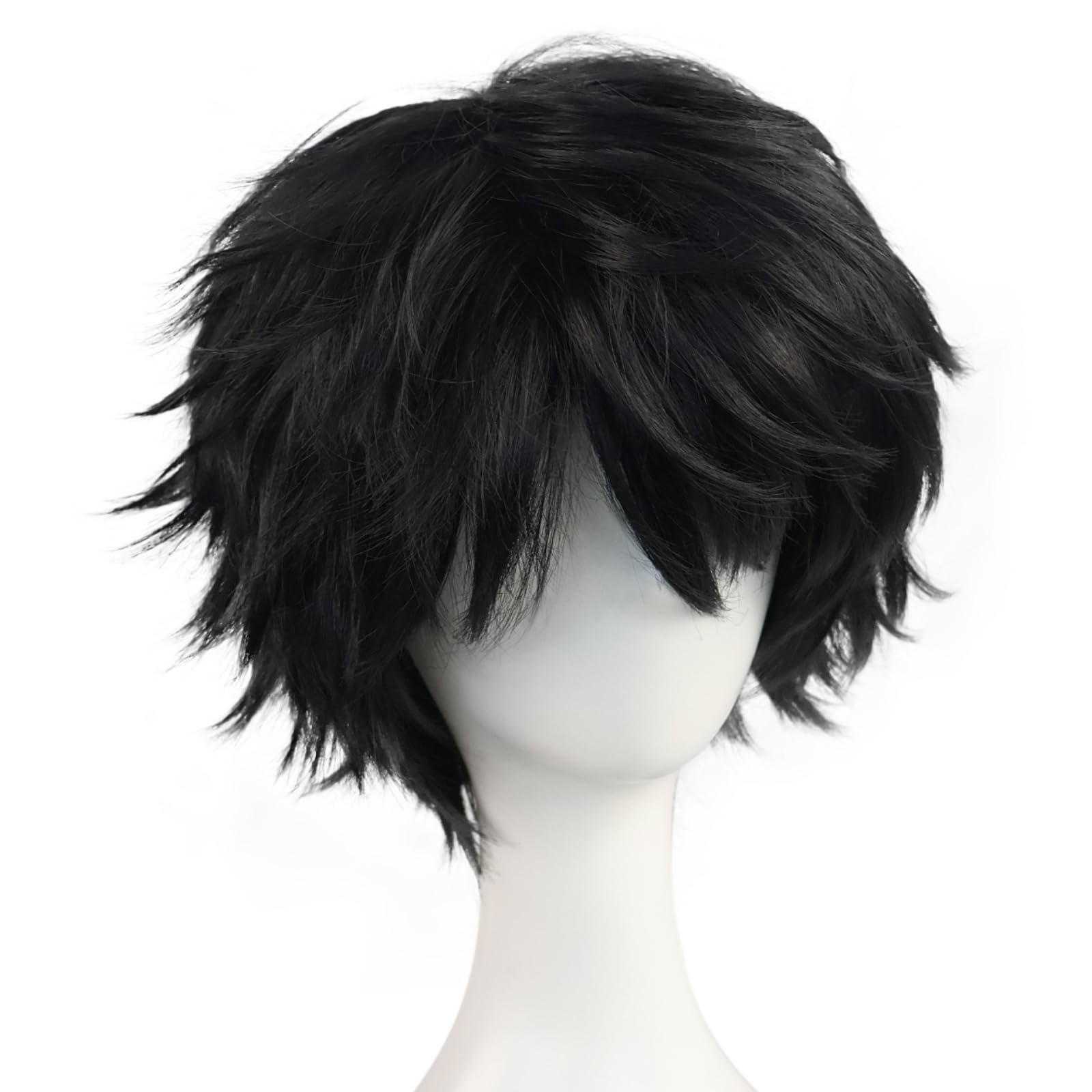 BEKIDER+1 Hair Cap Short Black Wig for Men Black Wavy Wig with Bangs for Halloween Christmas Event Costume Party
