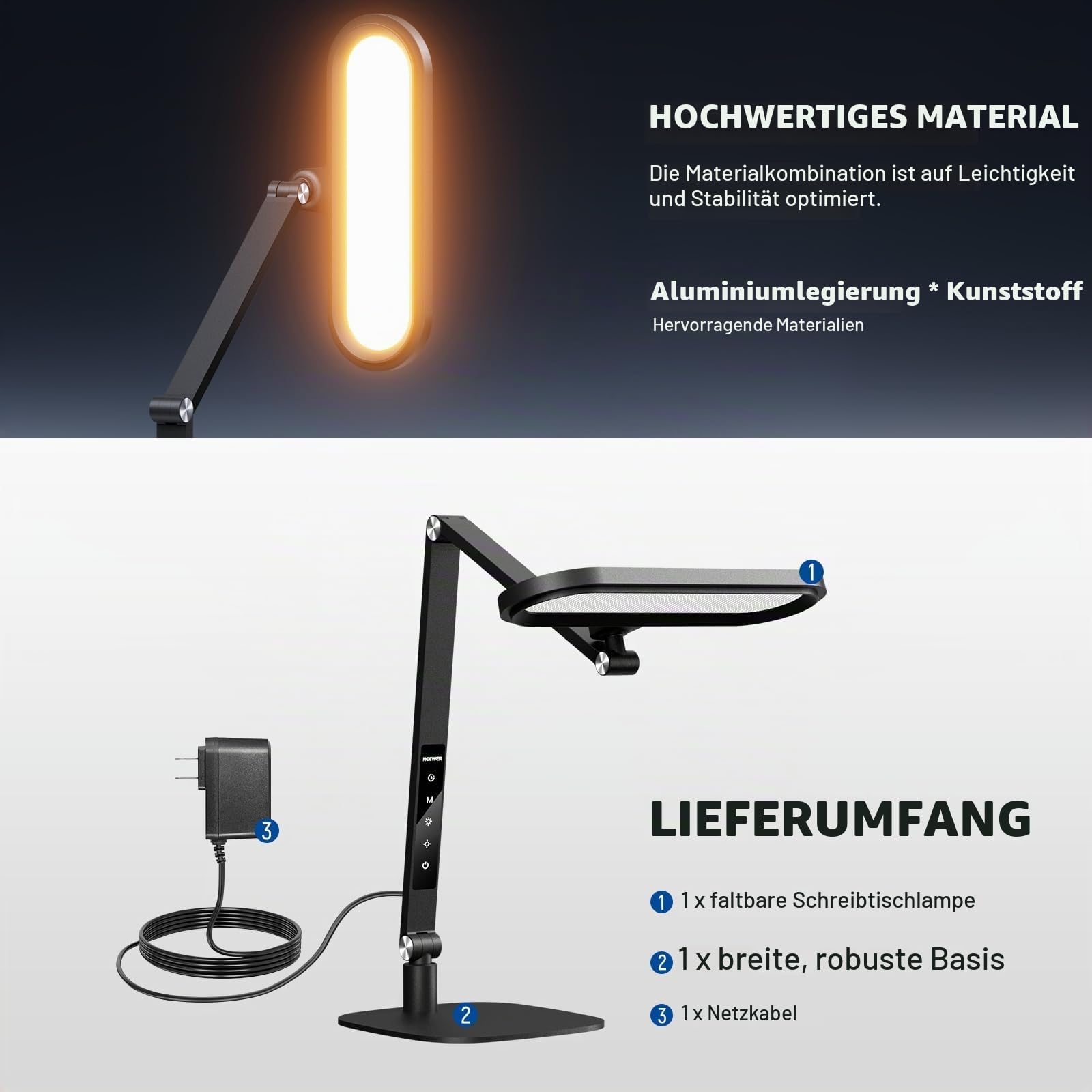NEEWER Basics 16W Desktop LED Lampe für Homeoffice, Videokonferenzen und Lesen, augenschonendes, doppelseitiges, dimmbares Touch Ringlicht mit Tischständer, Memory Timer, 5 Farbmodi, CRI95, FR16
