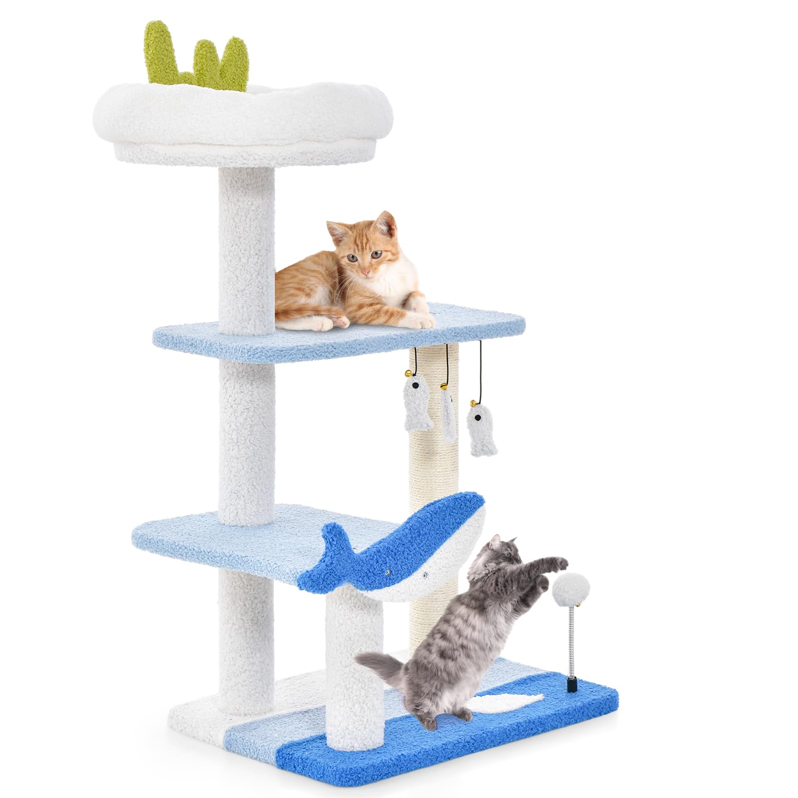 COSTWAY Cat Tree, Multi-Level Cat Climbing Tower with Sisal Scratching Posts, Top Perch, Hanging Toys, Ocean-Themed Kitten Activity Center for Indoor Cats (93cm Tall)