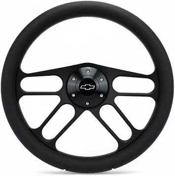14" Billet Black Aluminum Muscle - Half Wrap 6 Hole Steering Wheel With Chevy Horn Button 4 Spoke