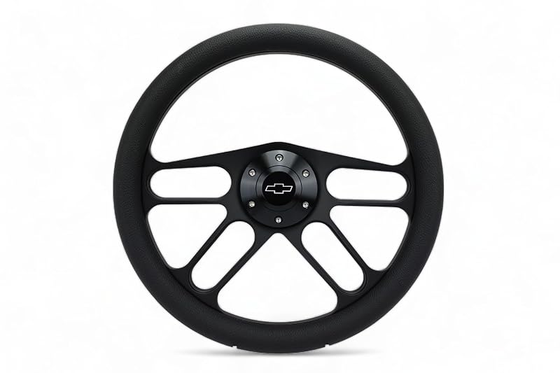 Volante esportivo de alumínio preto 4 raios com meia capa, furação de 6 parafusos e botão de buzina Chevrolet Newworldmotoring NWM-BAMC-BKW