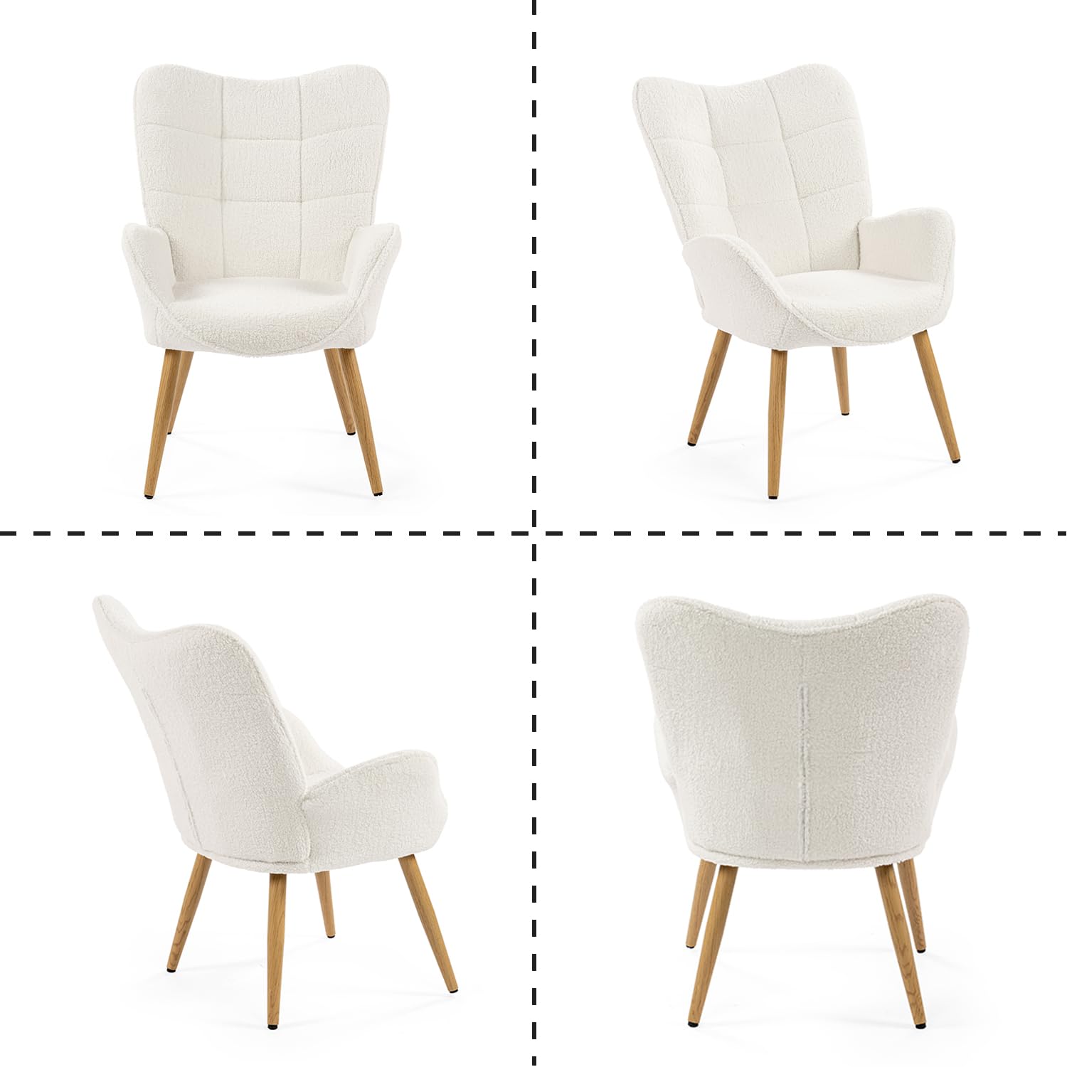 MEUBLE Cosy Juego de 2 Sillón Nórdica Butaca de Salón para Dormitorio Silla Escandinavo con Respaldo y Reposabrazos Patas de Metal en Tela de Bucle Blanco