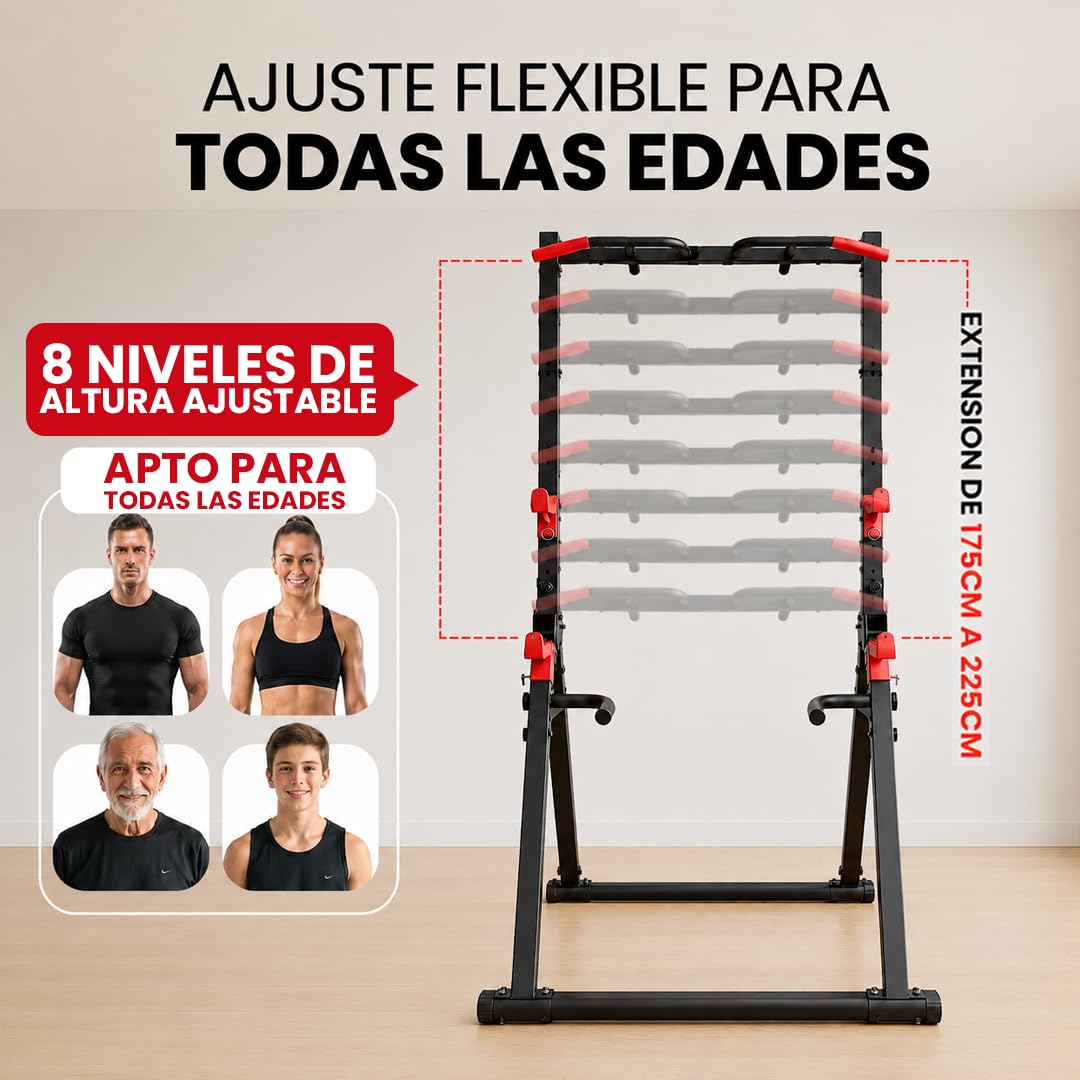 Maniboom Estación de Dominadas Plegable (200kg) - Rack Dominadas y Soporte para Barras Ajustable (175-225cm) - Pull Up Station Multifunción con Agarres para Fondos y Cuerdas TRX