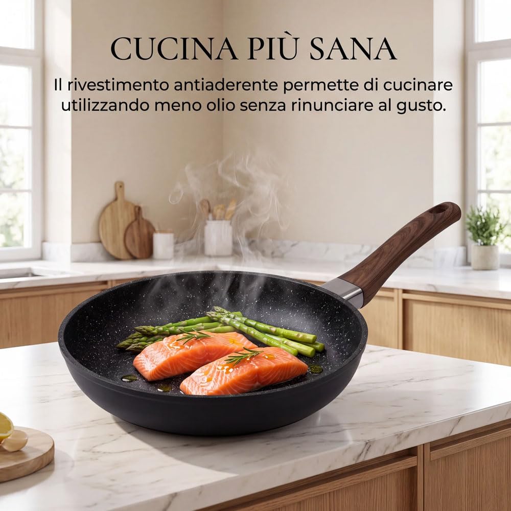 081 Store - Set 3 Padelle Antiaderenti Nere 20, 24 e 28 cm, Padelle per Induzione, Gas e Tutti i Piani Cottura, Rivestimento Effetto Granito, Alluminio Forgiato, Senza PFOA, Manici Effetto Legno