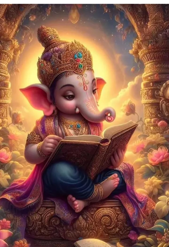 Bal Ganesh Reading Scripture A4 Wall Sticker Poster - Unframed Spiritual Art Print for Students, Study Room and Pooja Ghar Decoration, peel & stick