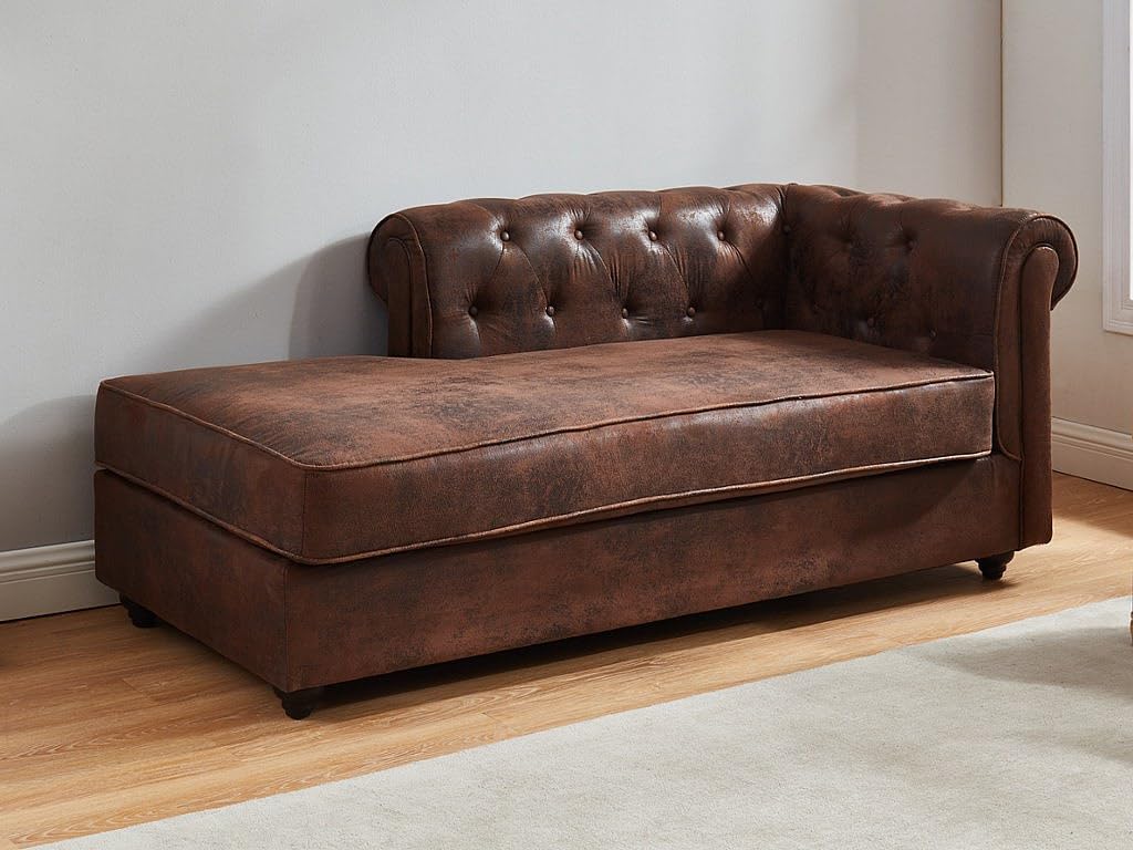 Vente-unique Méridienne Droite Chesterfield SHIREL en Microfibre Aspect Cuir Vieilli