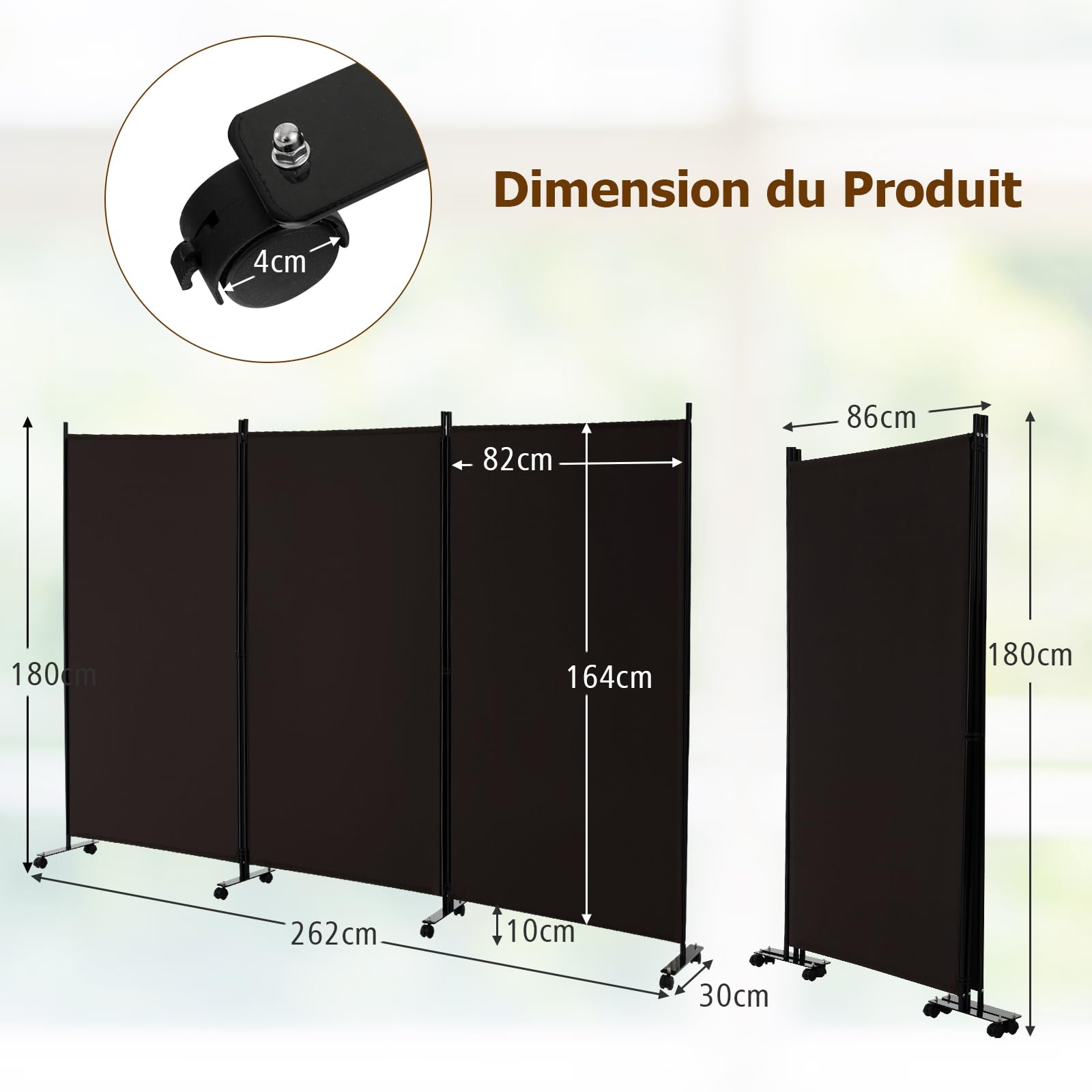 GIANTEX 262 x 180 cm - Paravent de séparation de pièce avec roulettes - en 3 Parties - Autonome - Pliable - Mur Espagnol - en Tissu - Fer - Protection privée pour Chambre à Coucher (Marron)