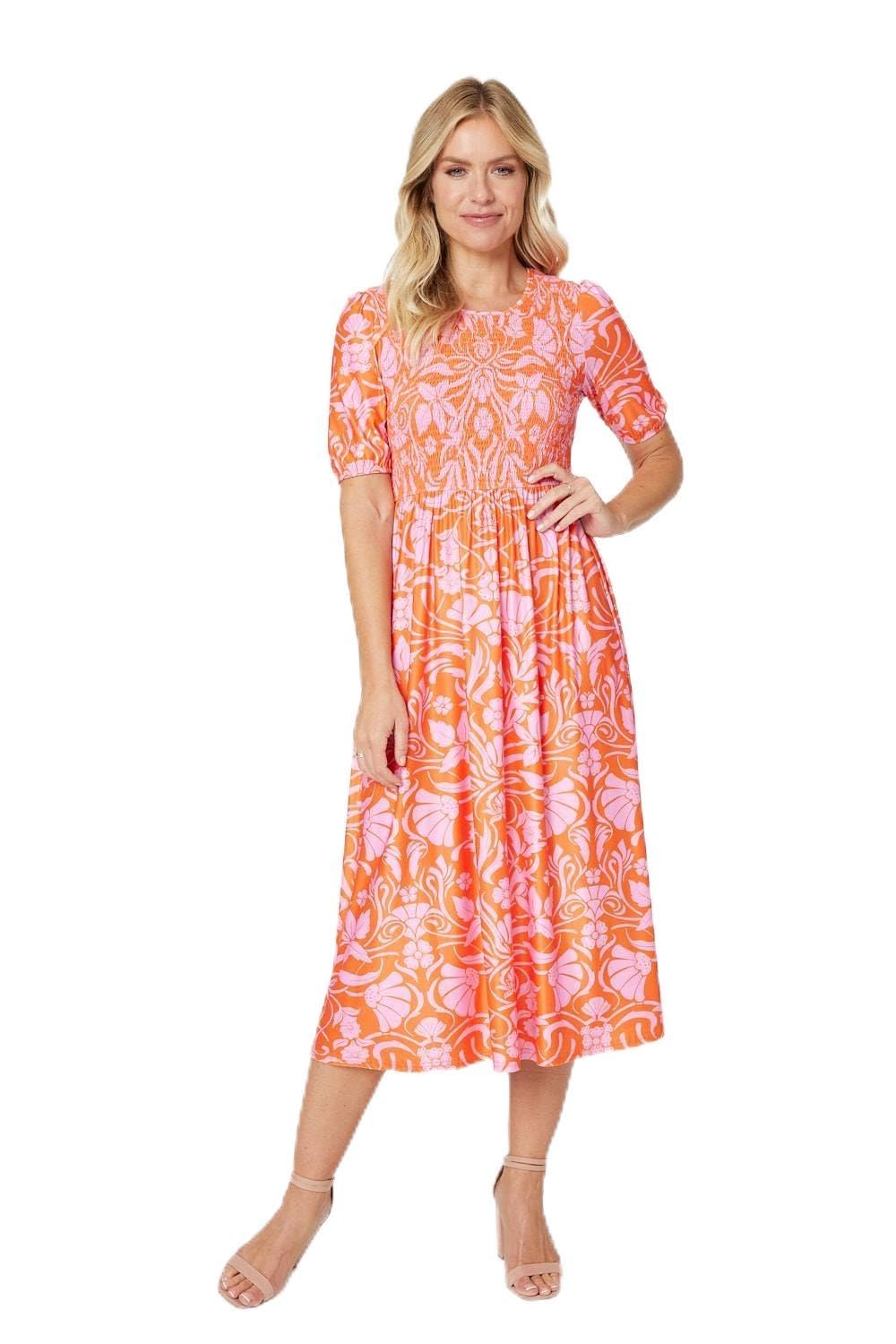 Izabel London Women's Orange Floral Smocked Detail Midi Dress For Uk With Round Neck, Short Sleeves And Midi Length. Large