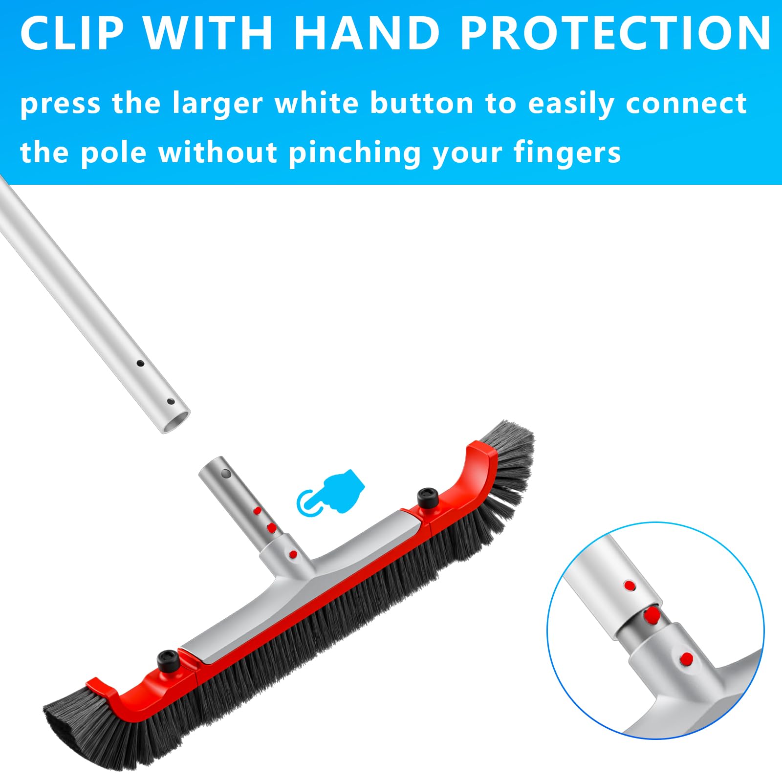 Sepetrel Cabezal de cepillo de piscina de 22 pulgadas de ancho para limpiar paredes de piscina, cepillos de aluminio resistentes con extremos curvados y cerdas fuertes de alta calidad, color rojo